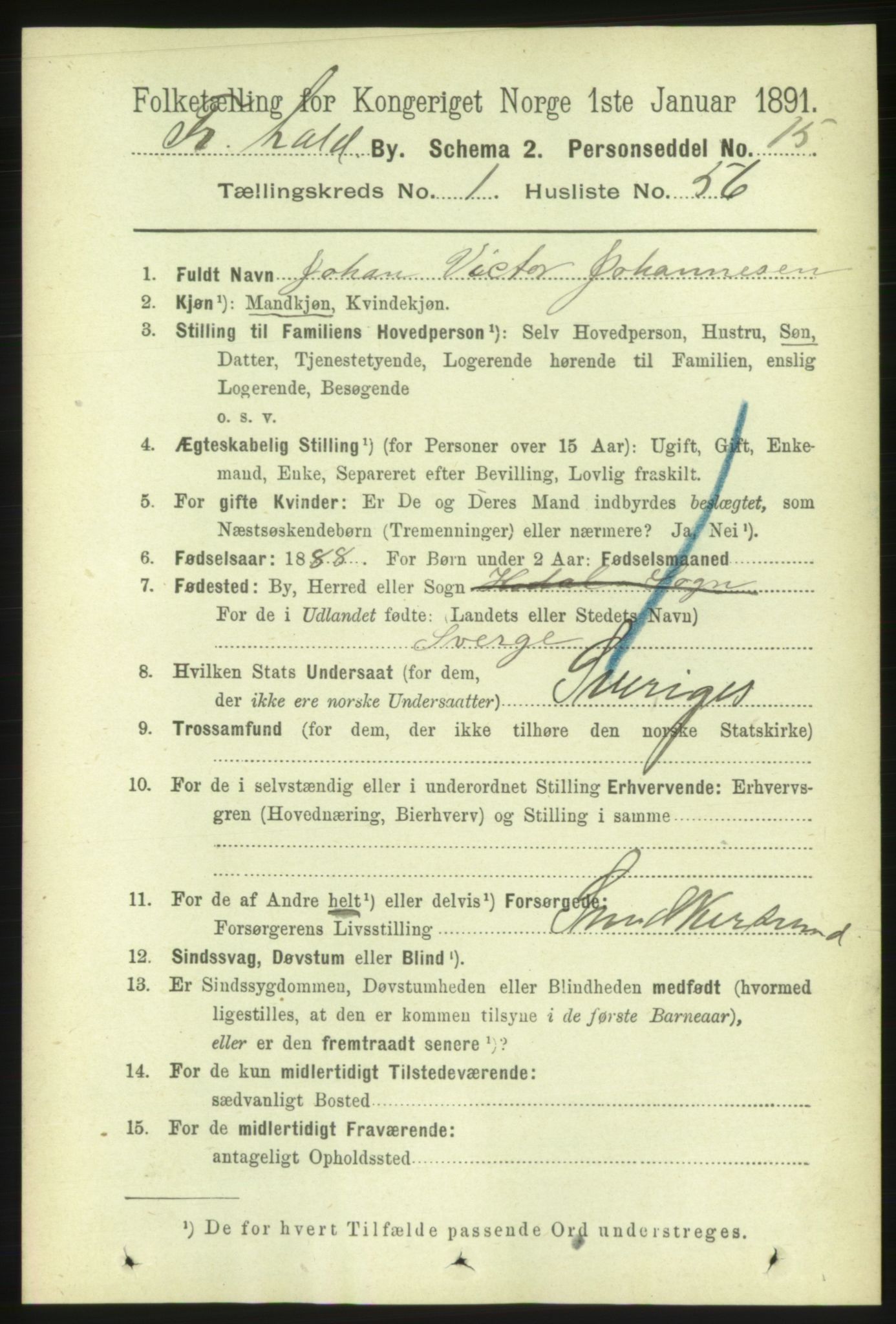 RA, 1891 census for 0101 Fredrikshald, 1891, p. 2443