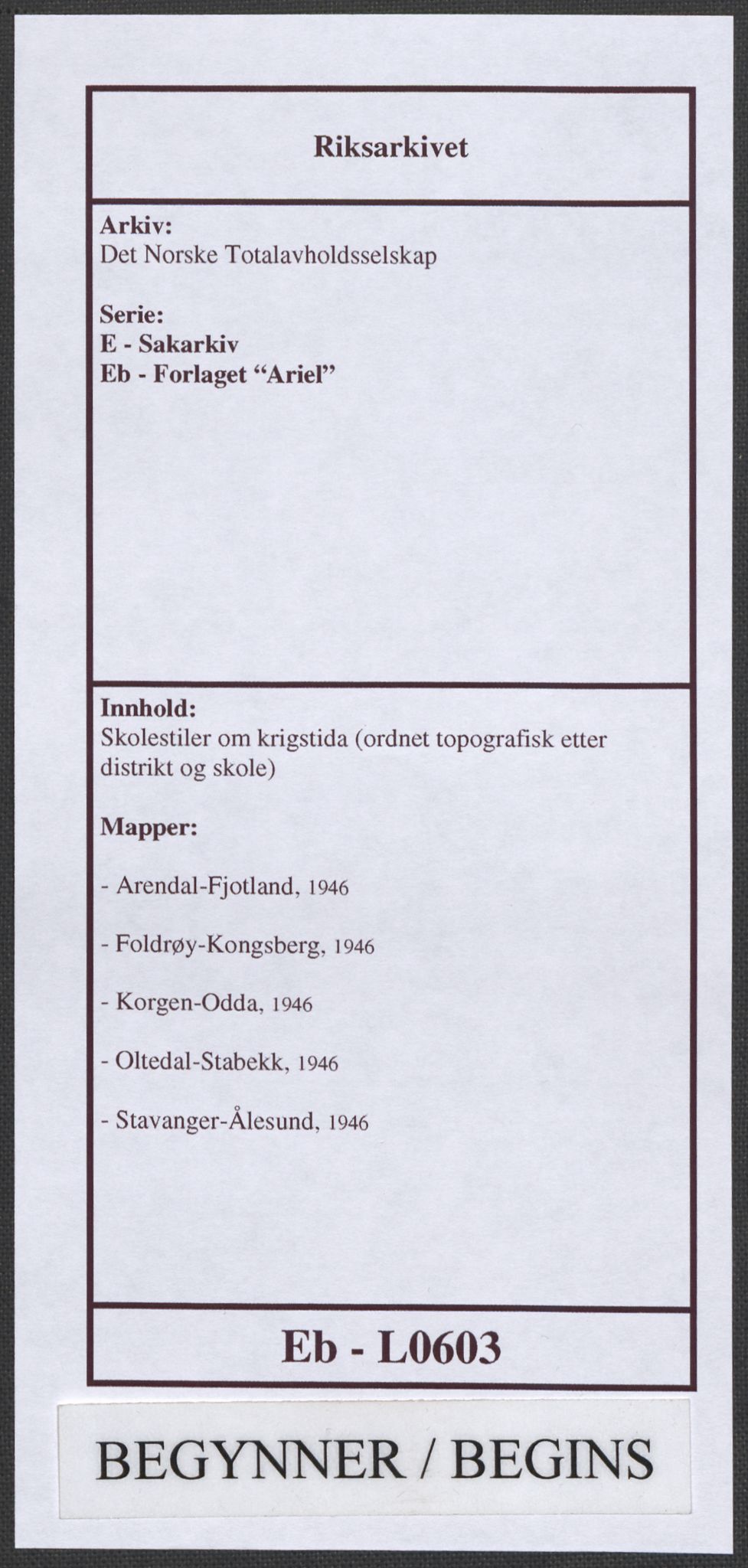 Det norske totalavholdsselskap, RA/PA-0419/E/Eb/L0603: Skolestiler om krigstida (ordnet topografisk etter distrikt og skole), 1946, p. 1