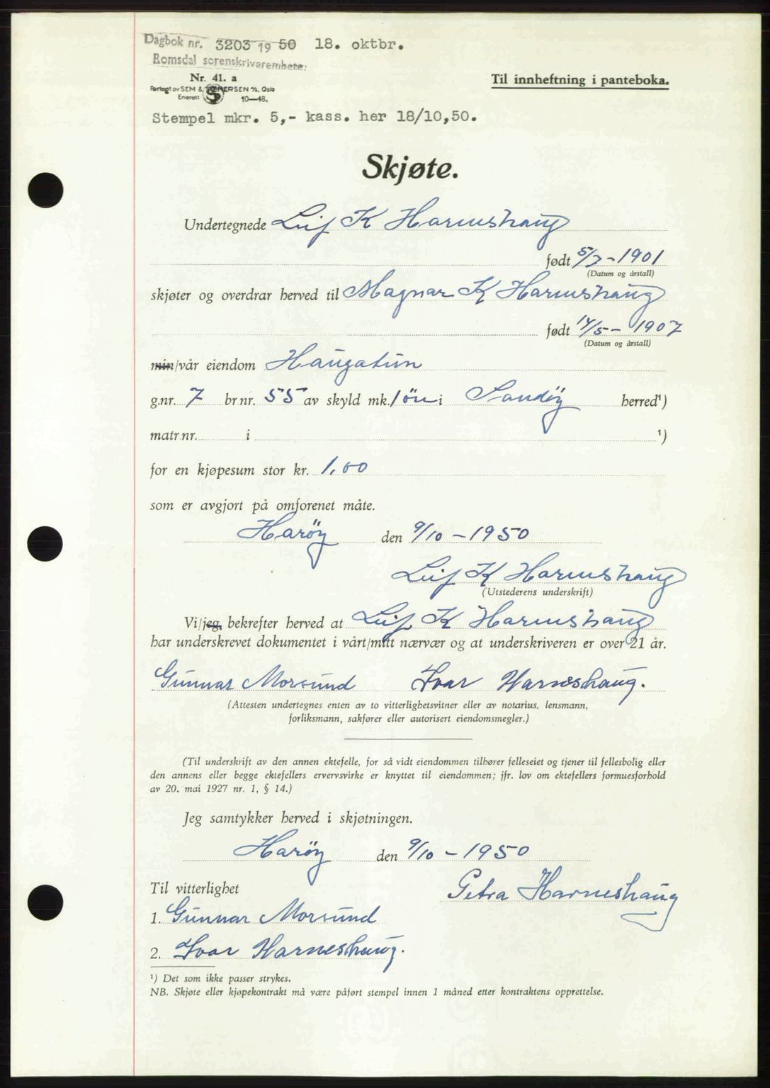 Romsdal sorenskriveri, AV/SAT-A-4149/1/2/2C: Mortgage book no. A34, 1950-1950, Diary no: : 3203/1950