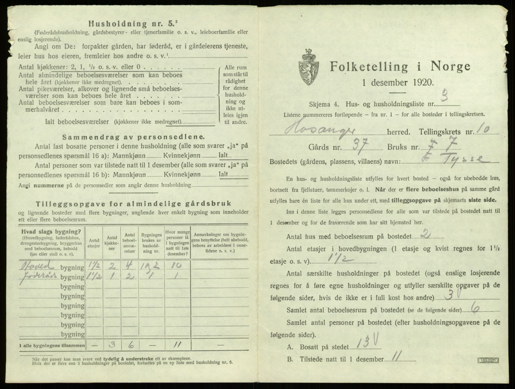 SAB, 1920 census for Hosanger, 1920, p. 542