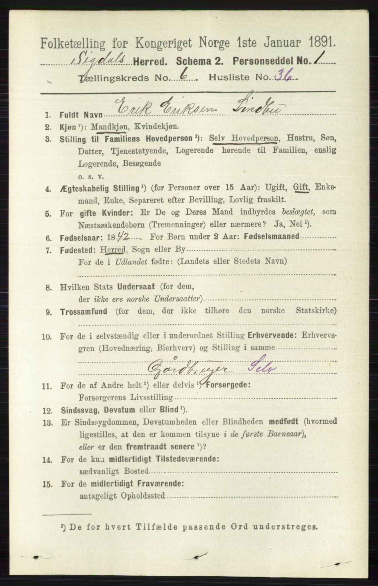 RA, 1891 census for 0621 Sigdal, 1891, p. 2616