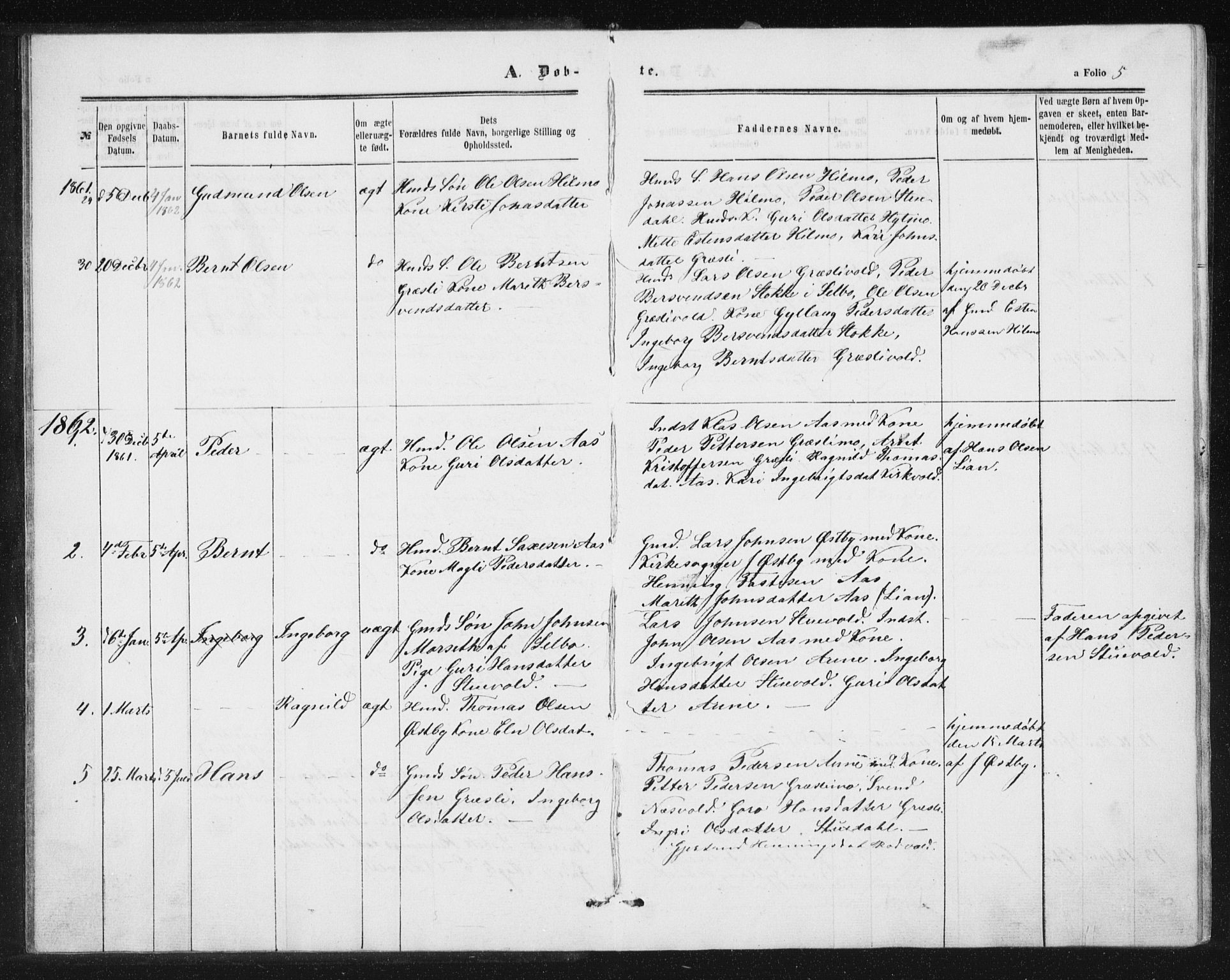 Ministerialprotokoller, klokkerbøker og fødselsregistre - Sør-Trøndelag, AV/SAT-A-1456/698/L1166: Parish register (copy) no. 698C03, 1861-1887, p. 5