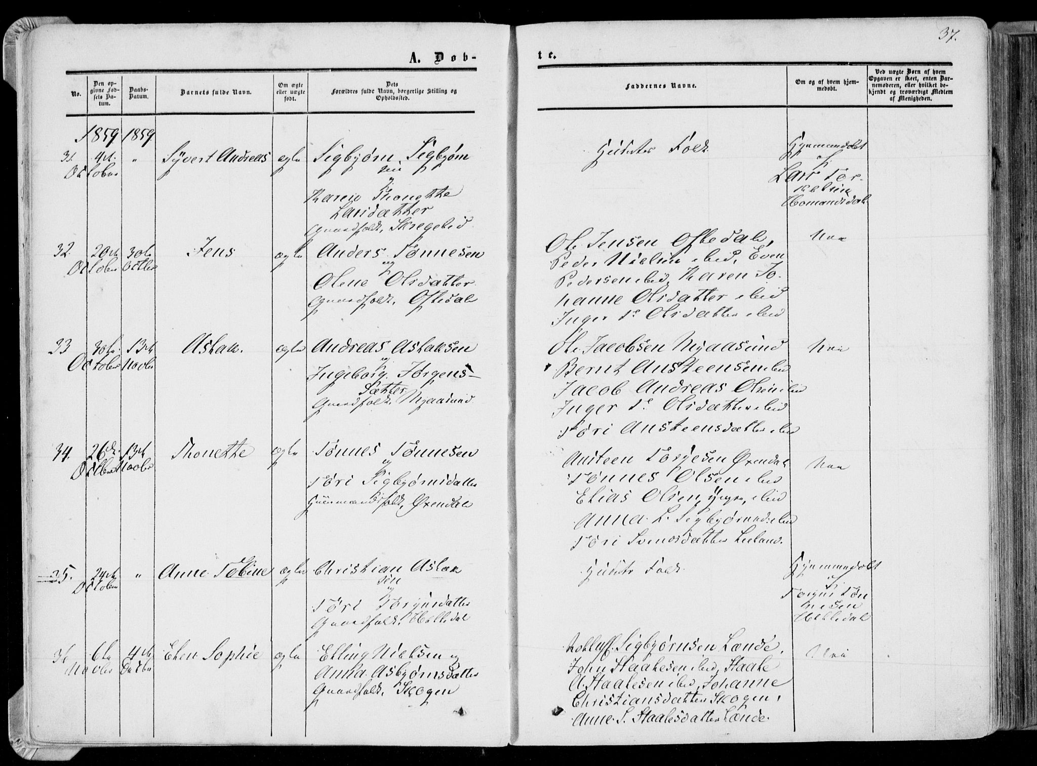 Bakke sokneprestkontor, AV/SAK-1111-0002/F/Fa/Faa/L0006: Parish register (official) no. A 6, 1855-1877, p. 37