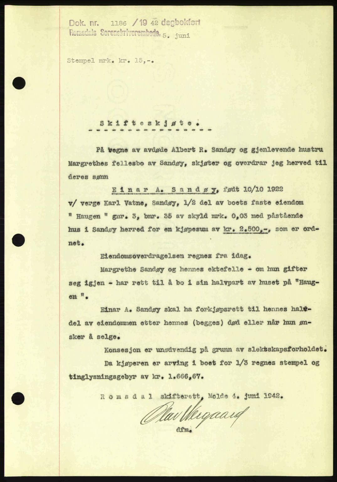 Romsdal sorenskriveri, AV/SAT-A-4149/1/2/2C: Mortgage book no. A12, 1942-1942, Diary no: : 1186/1942