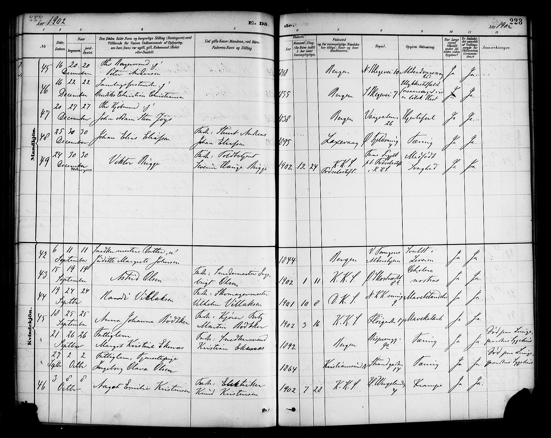 Korskirken sokneprestembete, AV/SAB-A-76101/H/Haa/L0047: Parish register (official) no. E 5, 1884-1910, p. 223