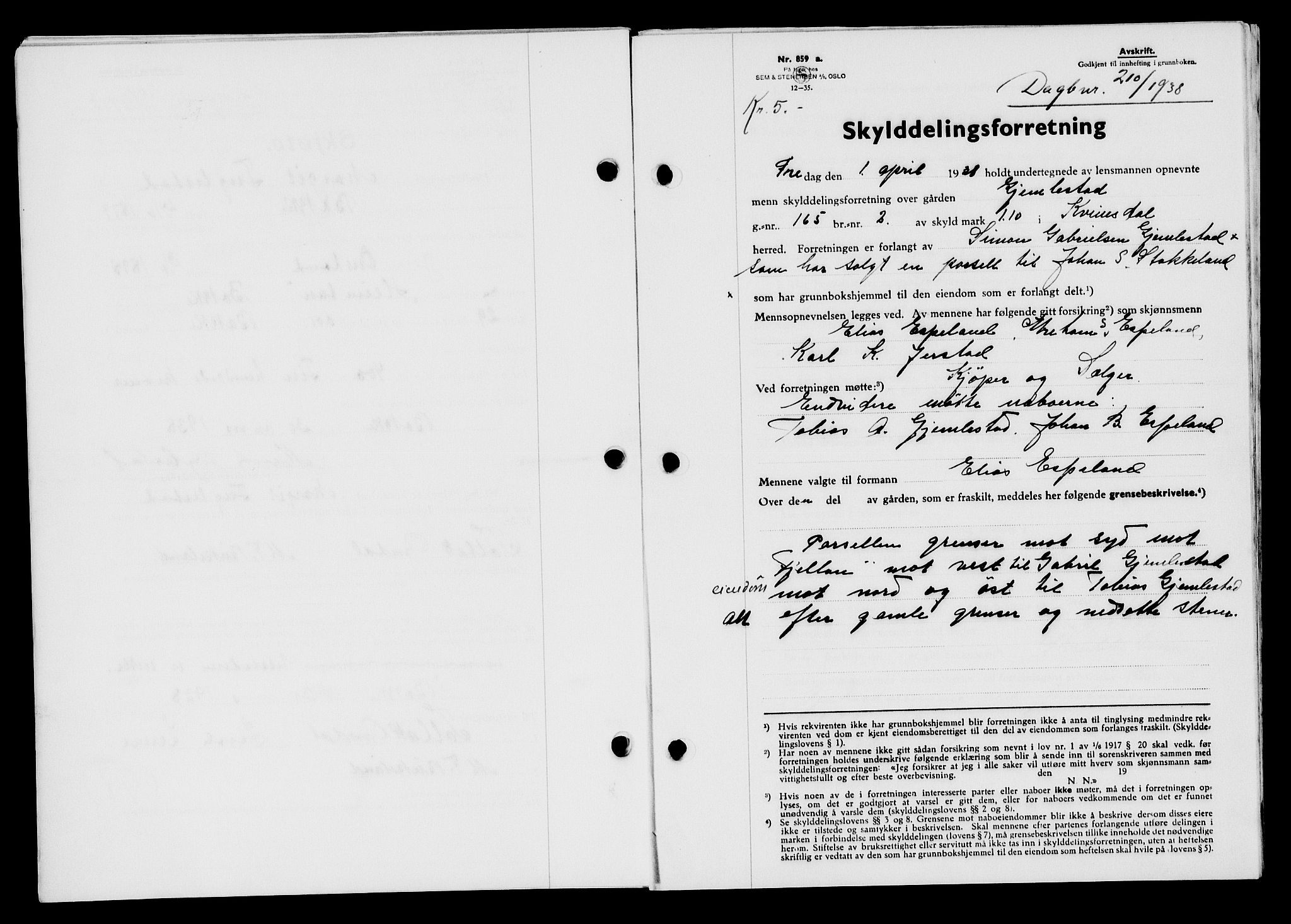 Flekkefjord sorenskriveri, SAK/1221-0001/G/Gb/Gba/L0054: Mortgage book no. A-2, 1937-1938, Diary no: : 210/1938