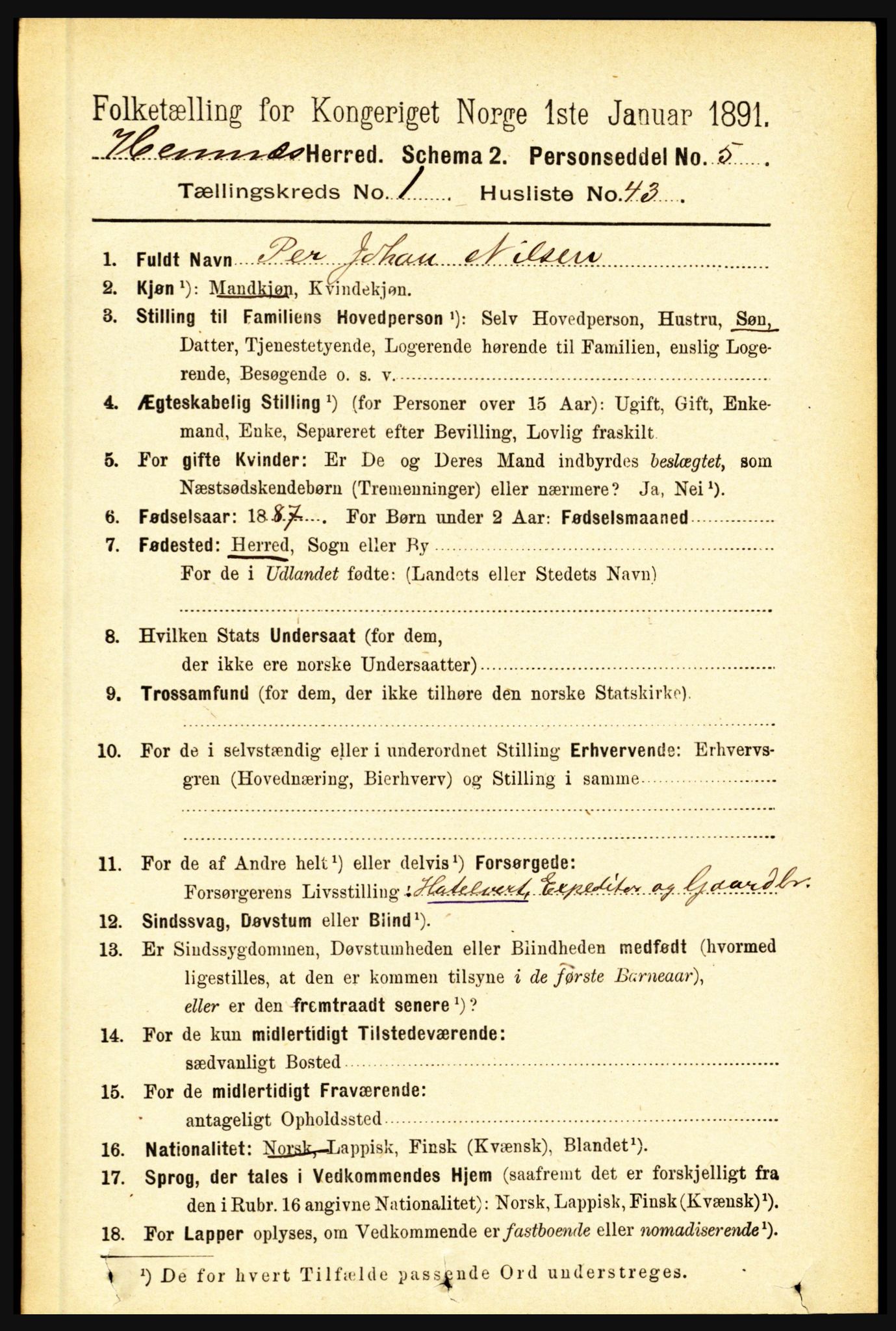 RA, 1891 census for 1832 Hemnes, 1891, p. 501