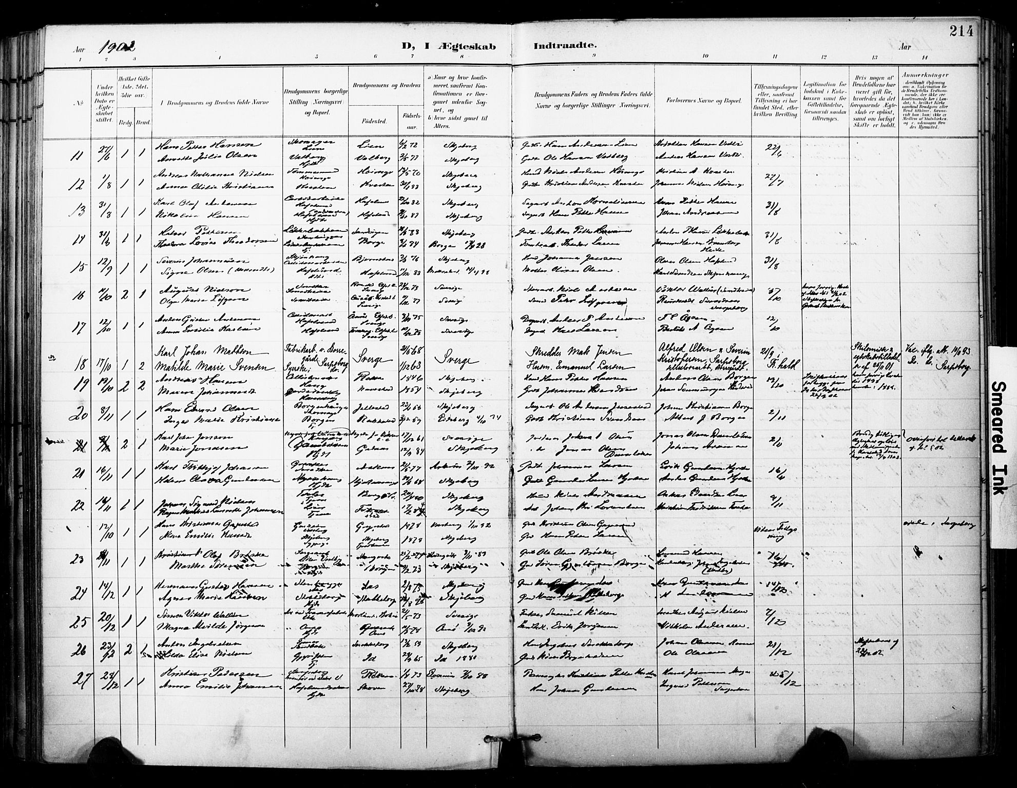 Skjeberg prestekontor Kirkebøker, SAO/A-10923/F/Fa/L0010: Parish register (official) no. I 10, 1898-1911, p. 214