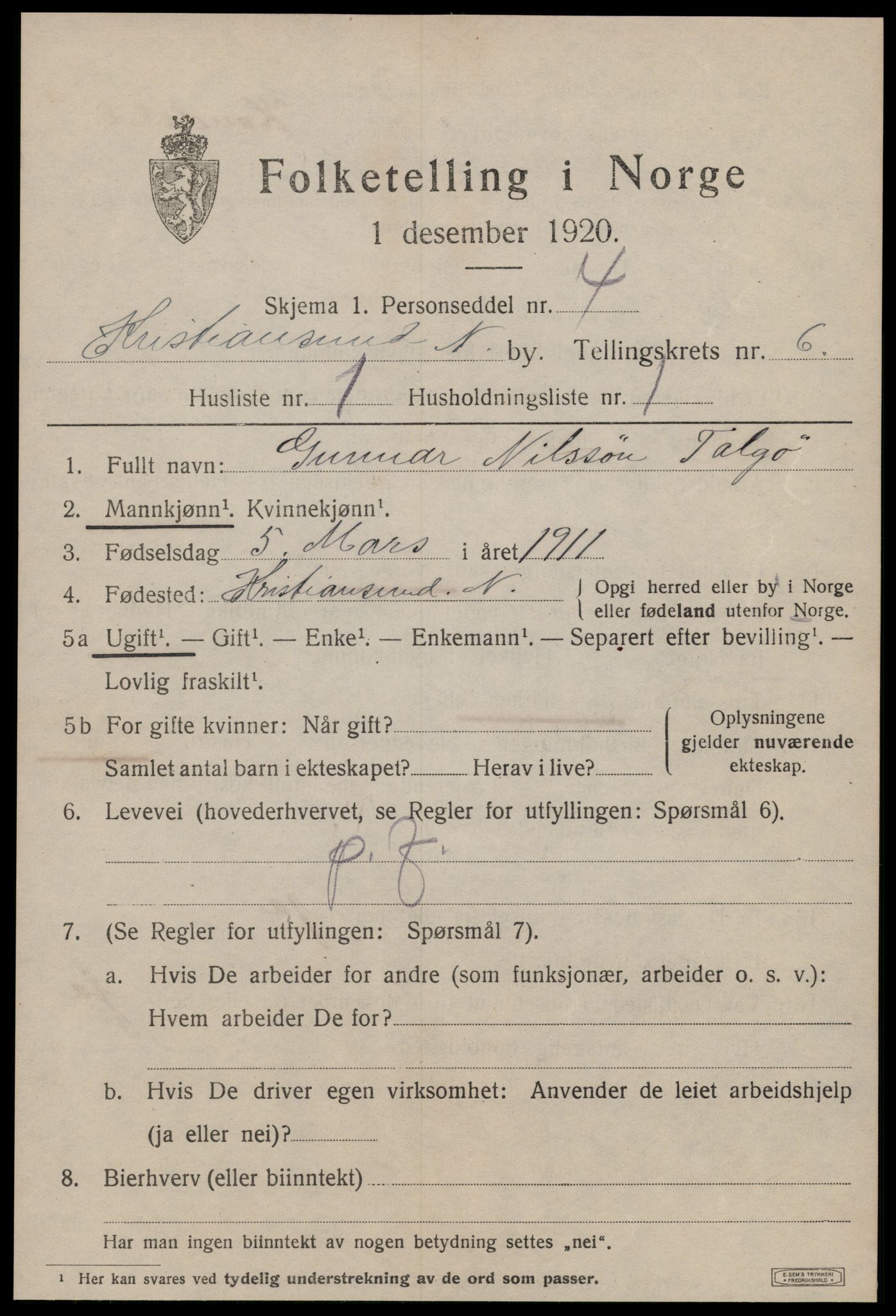 SAT, 1920 census for Kristiansund, 1920, p. 17031