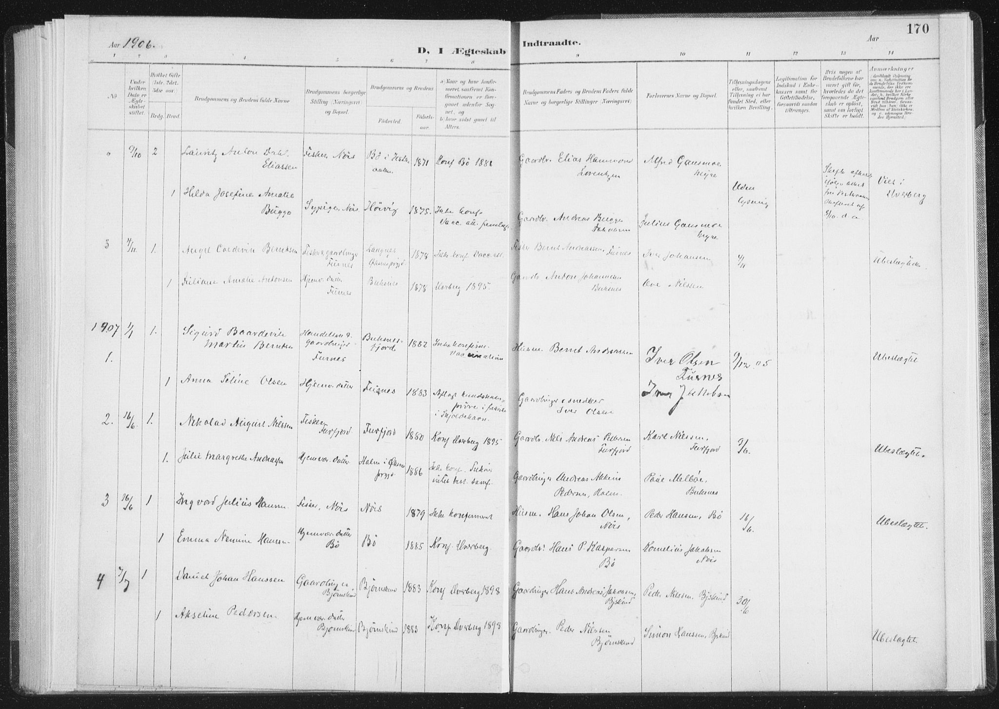 Ministerialprotokoller, klokkerbøker og fødselsregistre - Nordland, SAT/A-1459/898/L1422: Parish register (official) no. 898A02, 1887-1908, p. 170
