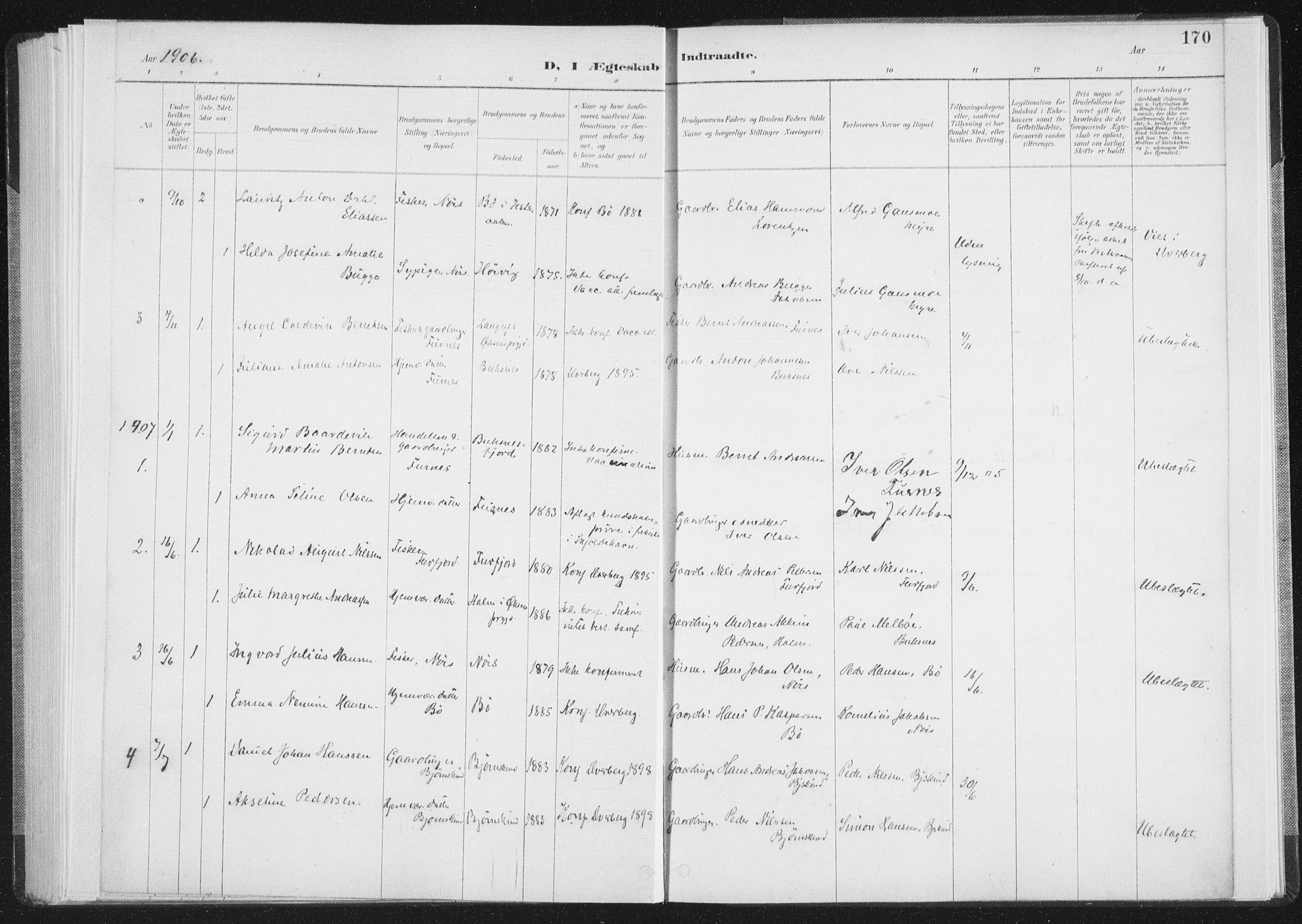 Ministerialprotokoller, klokkerbøker og fødselsregistre - Nordland, AV/SAT-A-1459/898/L1422: Parish register (official) no. 898A02, 1887-1908, p. 170