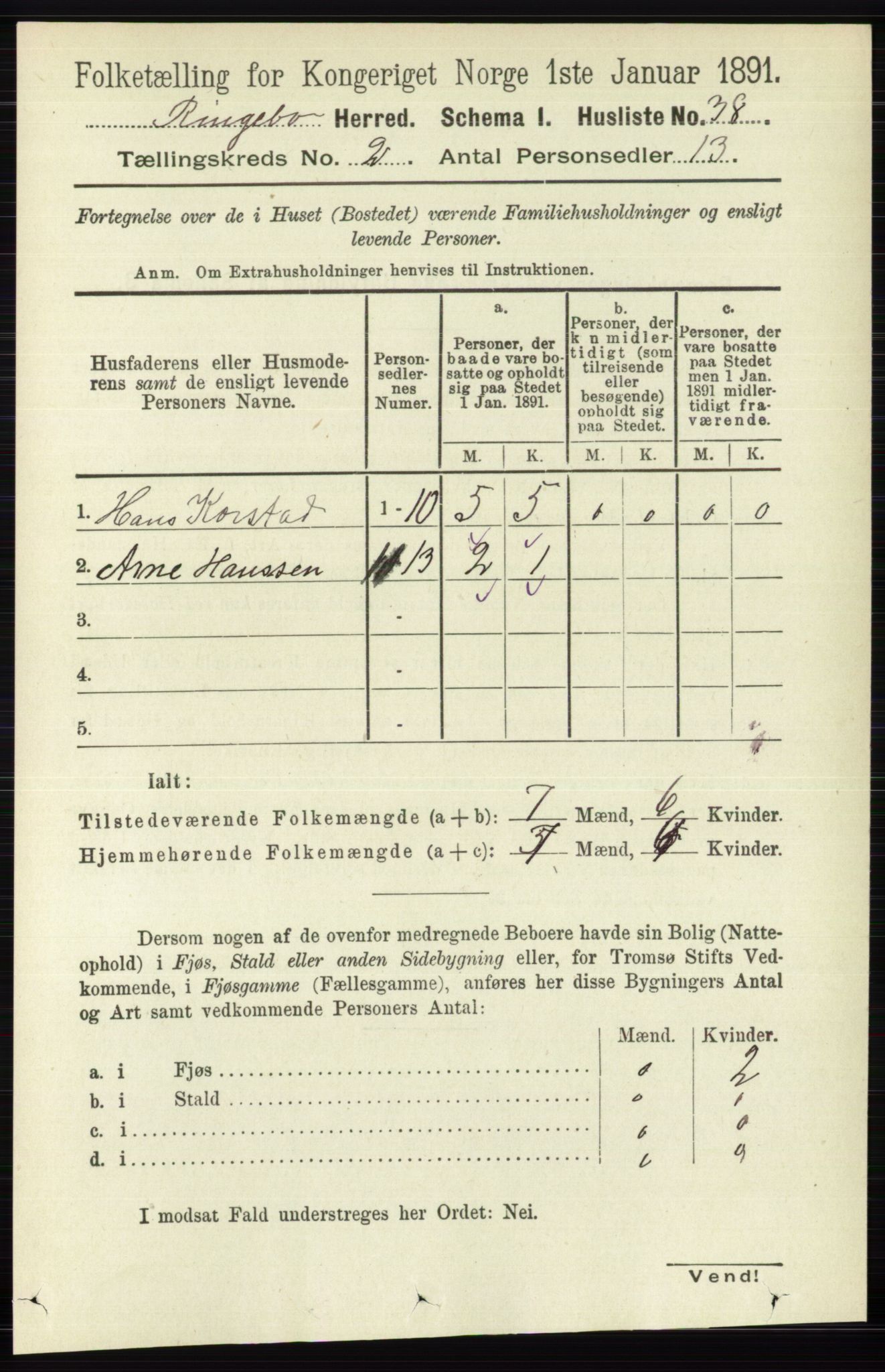 RA, 1891 census for 0520 Ringebu, 1891, p. 373