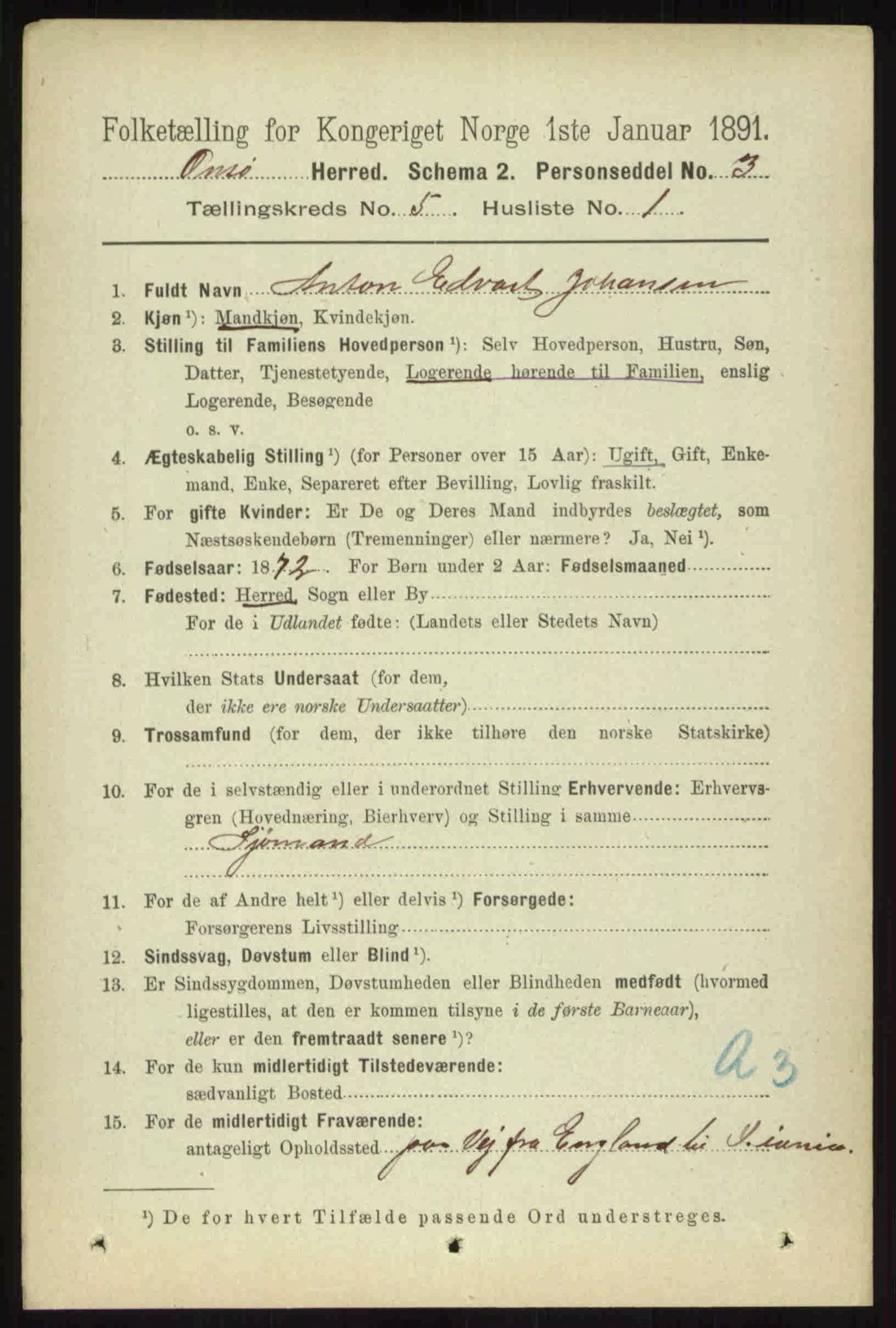 RA, 1891 census for 0134 Onsøy, 1891, p. 3956