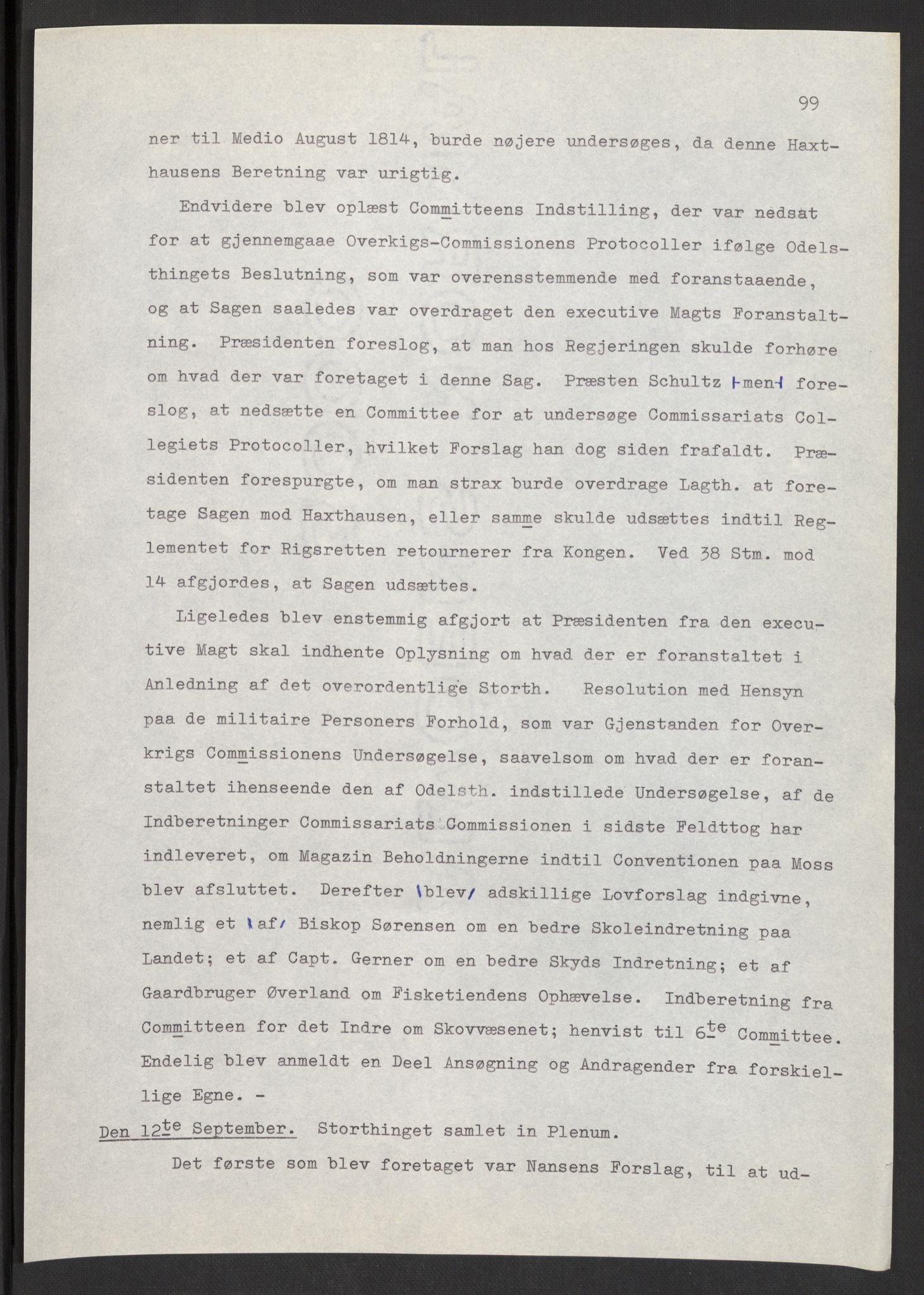 Manuskriptsamlingen, AV/RA-EA-3667/F/L0197: Wetlesen, Hans Jørgen (stortingsmann, ingeniørkaptein); Referat fra Stortinget 1815-1816, 1815-1816, p. 99