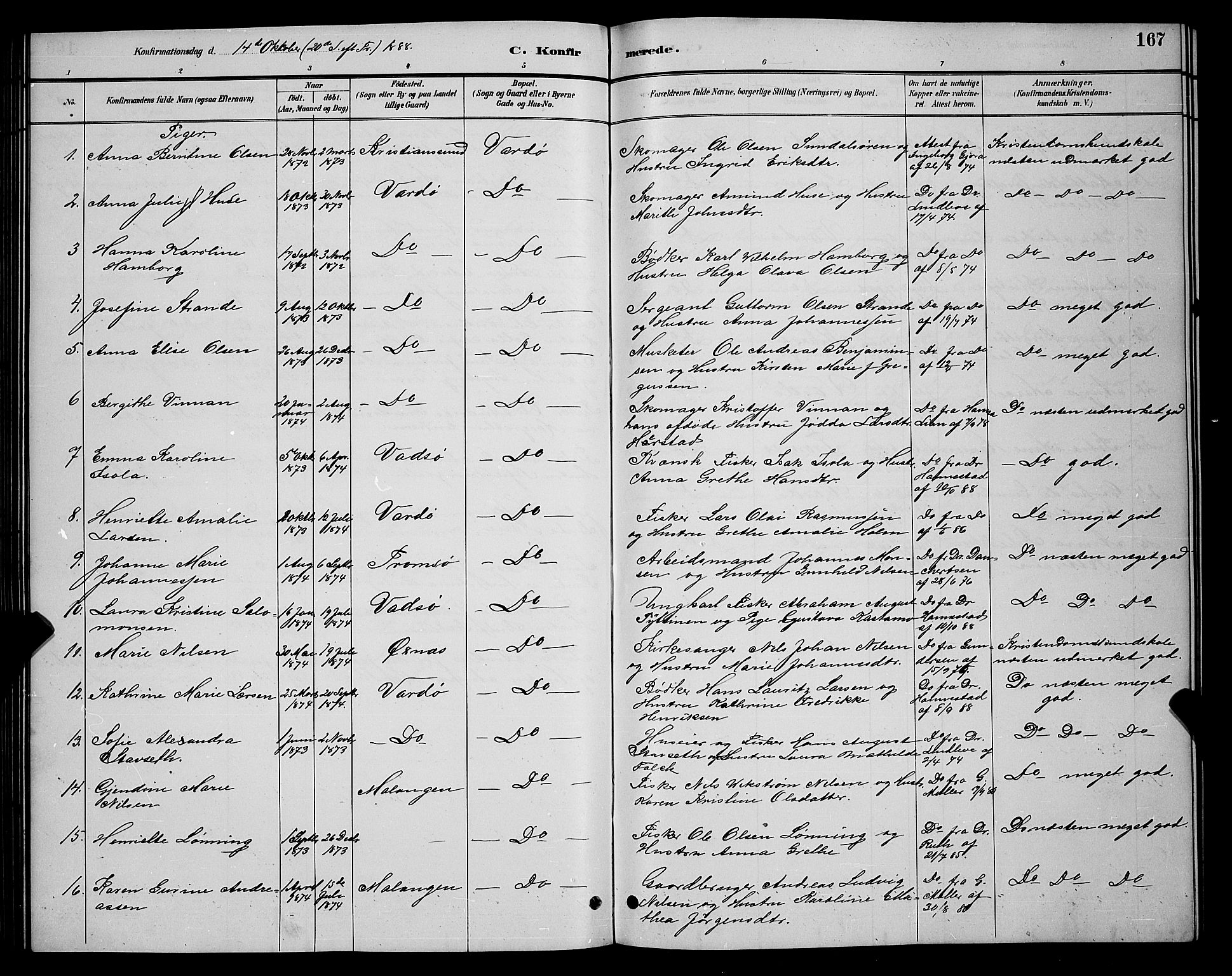 Vardø sokneprestkontor, AV/SATØ-S-1332/H/Hb/L0005klokker: Parish register (copy) no. 5, 1887-1892, p. 167