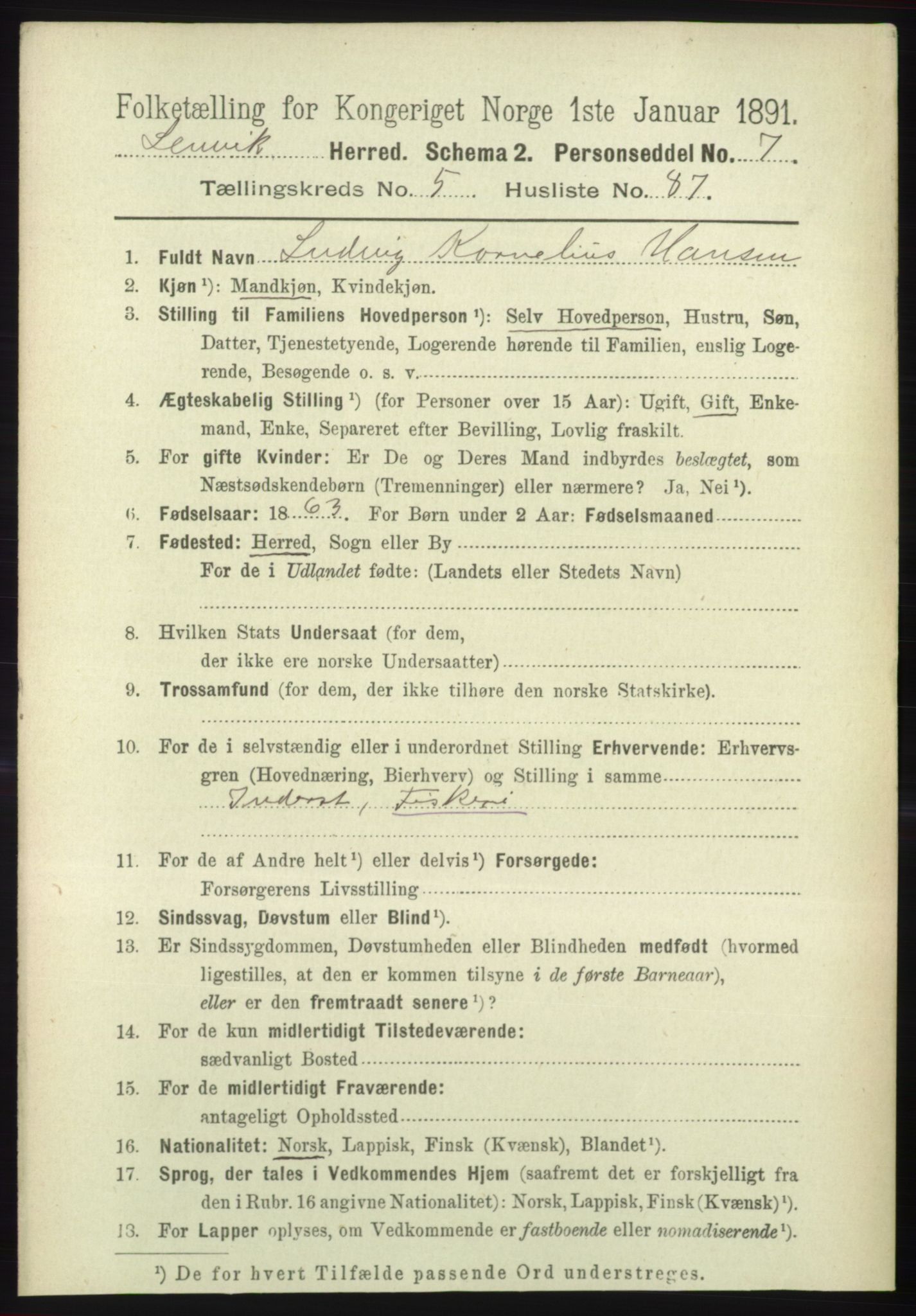 RA, 1891 census for 1931 Lenvik, 1891, p. 3154