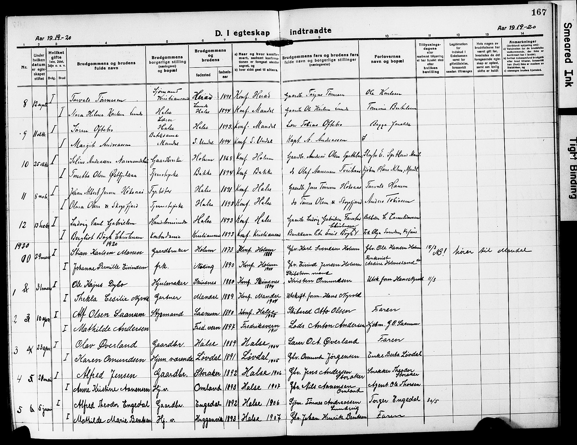 Mandal sokneprestkontor, SAK/1111-0030/F/Fb/Fba/L0013: Parish register (copy) no. B 7, 1918-1931, p. 167