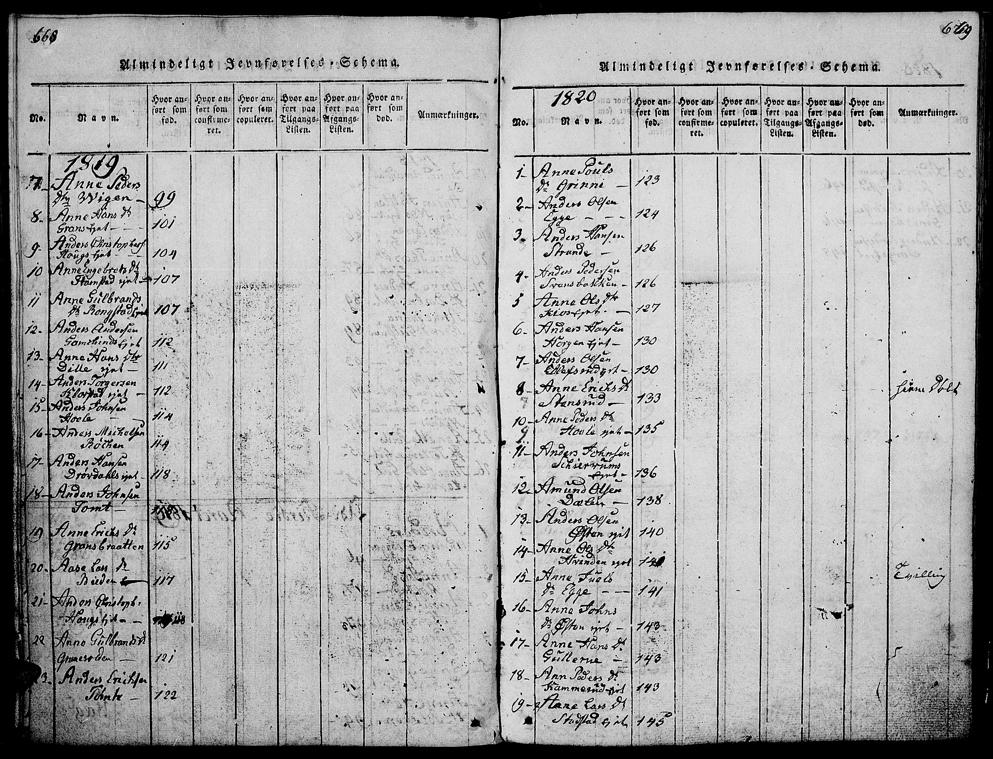 Gran prestekontor, SAH/PREST-112/H/Ha/Hab/L0001: Parish register (copy) no. 1, 1815-1824, p. 668-669