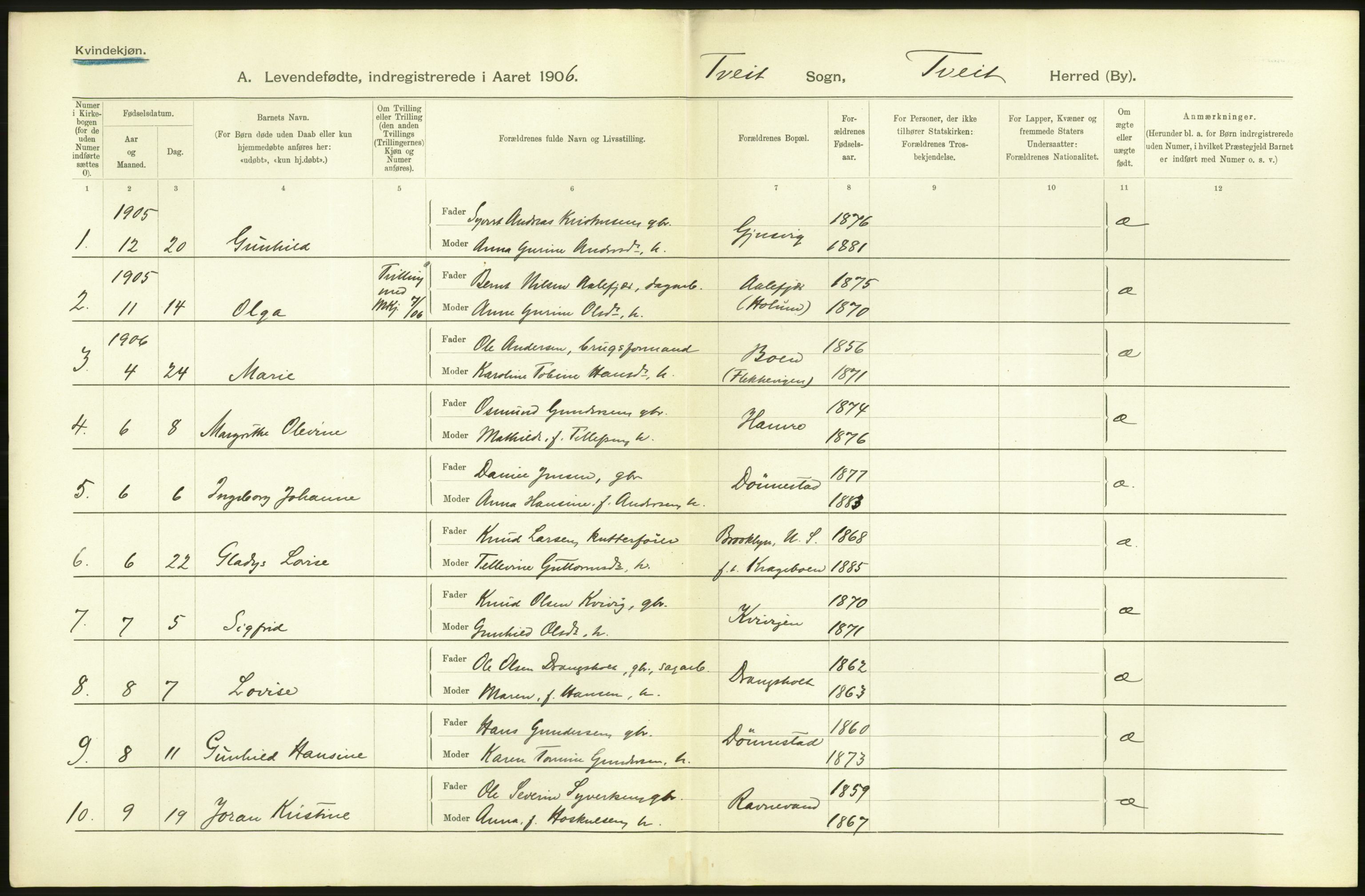 Statistisk sentralbyrå, Sosiodemografiske emner, Befolkning, AV/RA-S-2228/D/Df/Dfa/Dfad/L0023: Lister og Mandals amt: Levendefødte menn og kvinner. Bygder og byer., 1906, p. 334