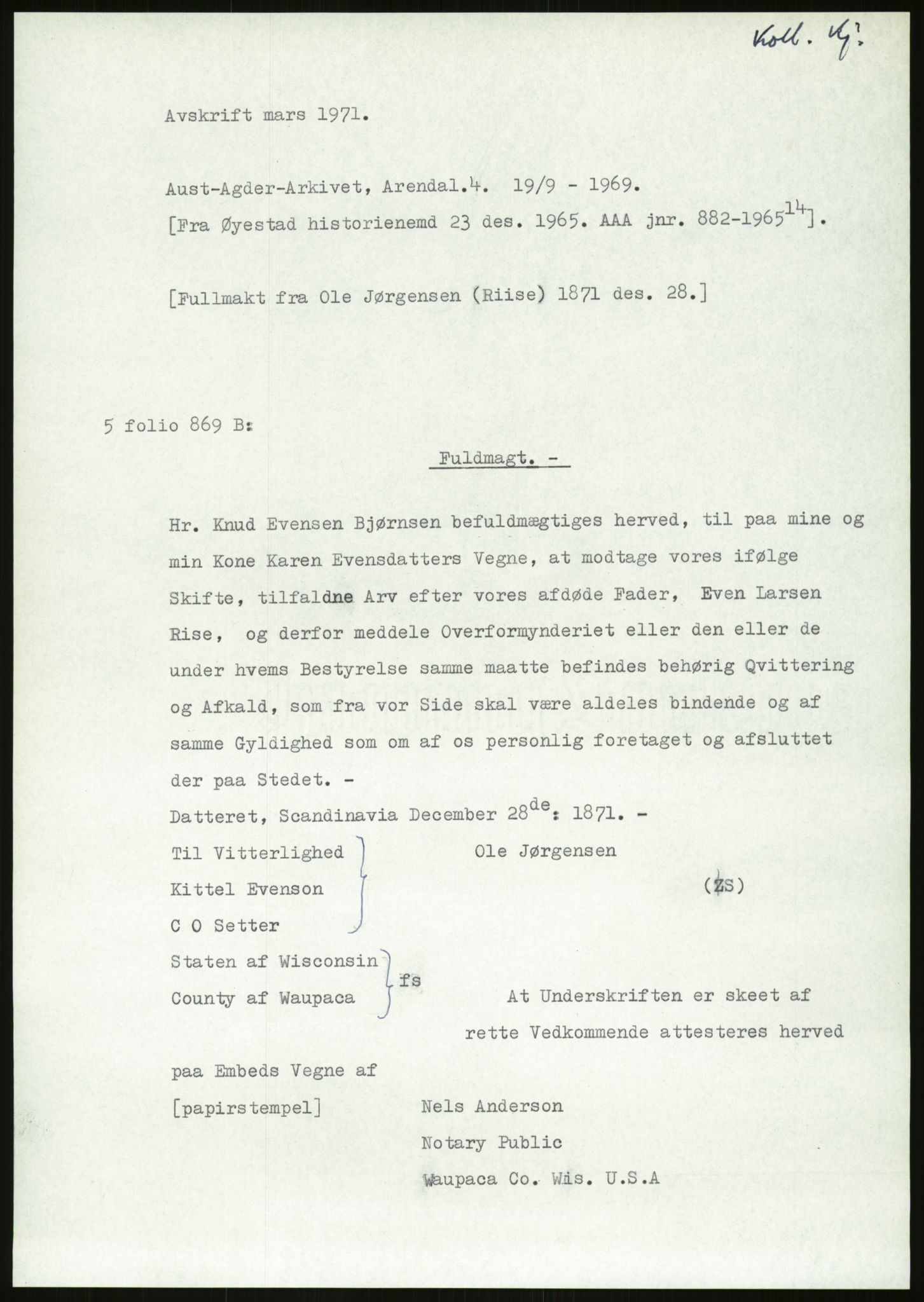 Samlinger til kildeutgivelse, Amerikabrevene, RA/EA-4057/F/L0026: Innlån fra Aust-Agder: Aust-Agder-Arkivet - Erickson, 1838-1914, p. 487