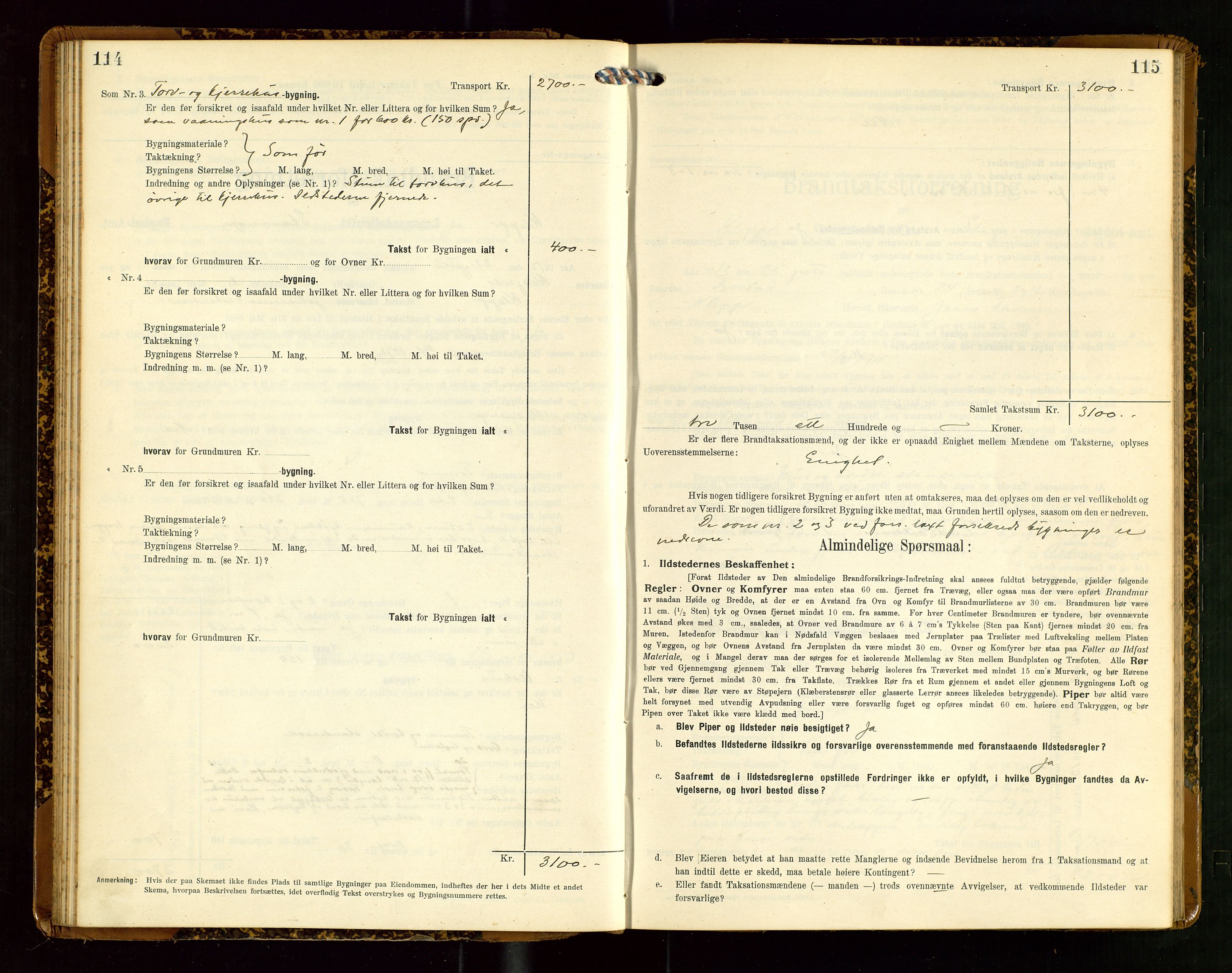 Klepp lensmannskontor, AV/SAST-A-100163/Goc/L0007: "Brandtaxationsprotokol" m/register, 1911-1915, p. 114-115