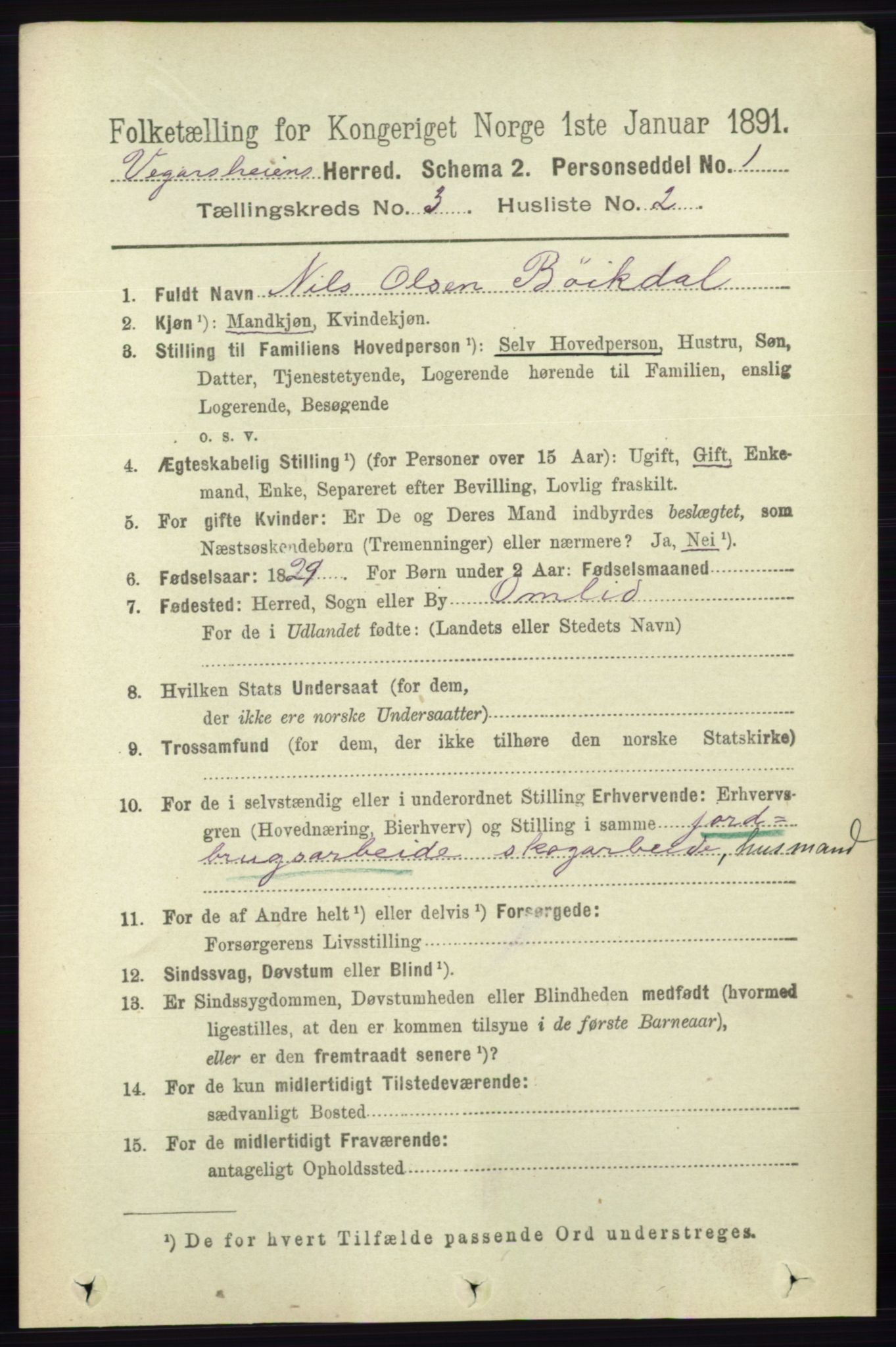 RA, 1891 census for 0912 Vegårshei, 1891, p. 634