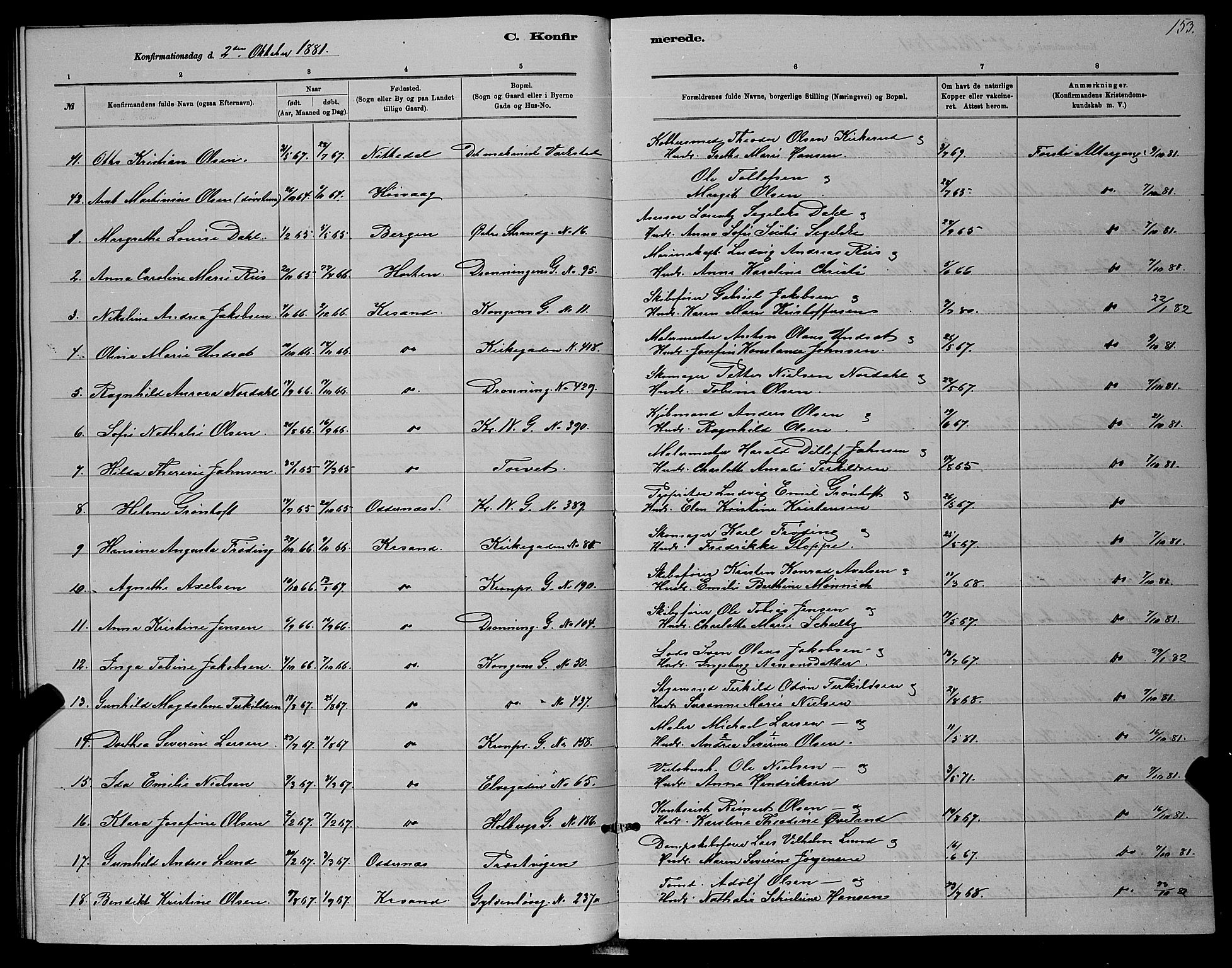 Kristiansand domprosti, AV/SAK-1112-0006/F/Fb/L0016: Parish register (copy) no. B 16, 1881-1893, p. 153