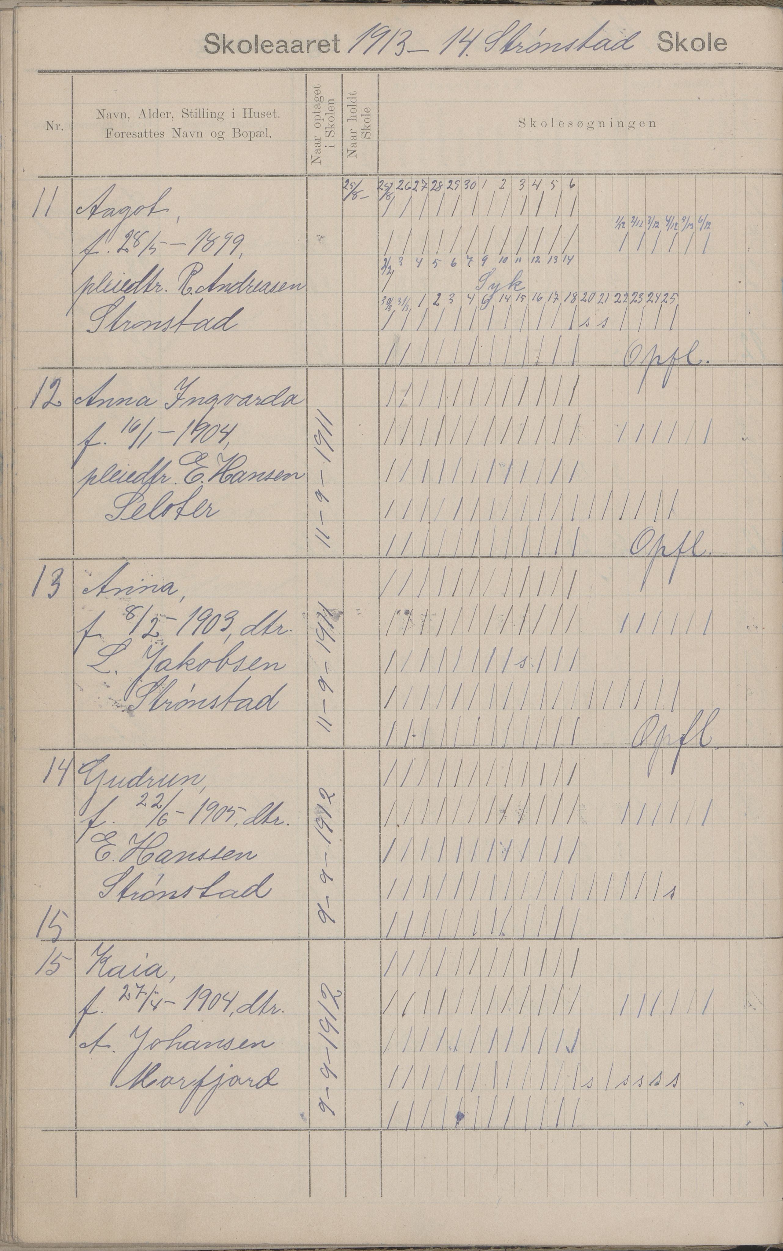 Hadsel kommune. Strønstad skolekrets, AIN/K-18660.510.13/G/L0001: Skoleprotokoll for Strønstad skole - Seloter, 1905-1914