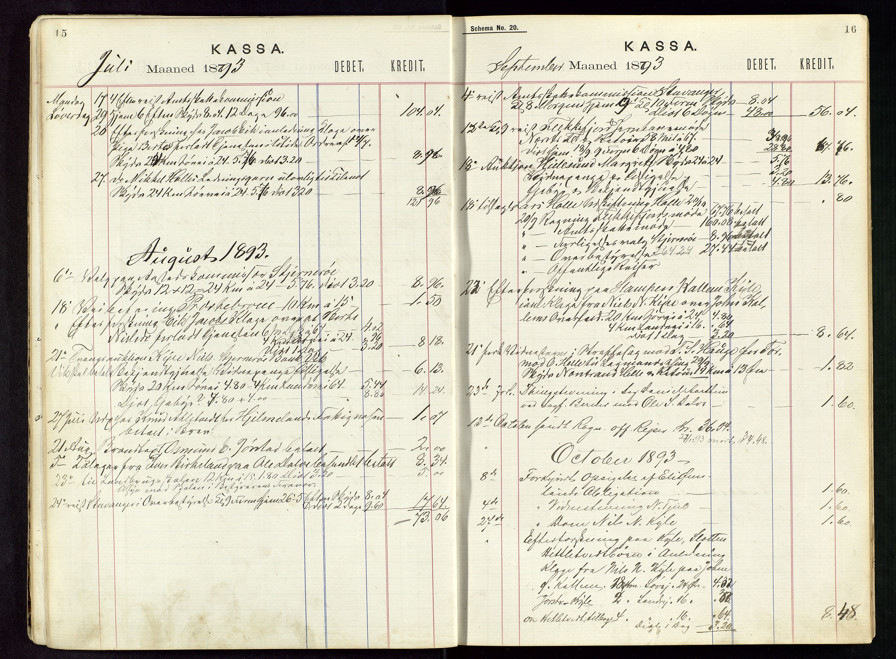 Nedstrand lensmannskontor, SAST/A-100236/Rf/L0001: Skyss- og kostgodtgjørelse reiser, 1891-1898, p. 15-16