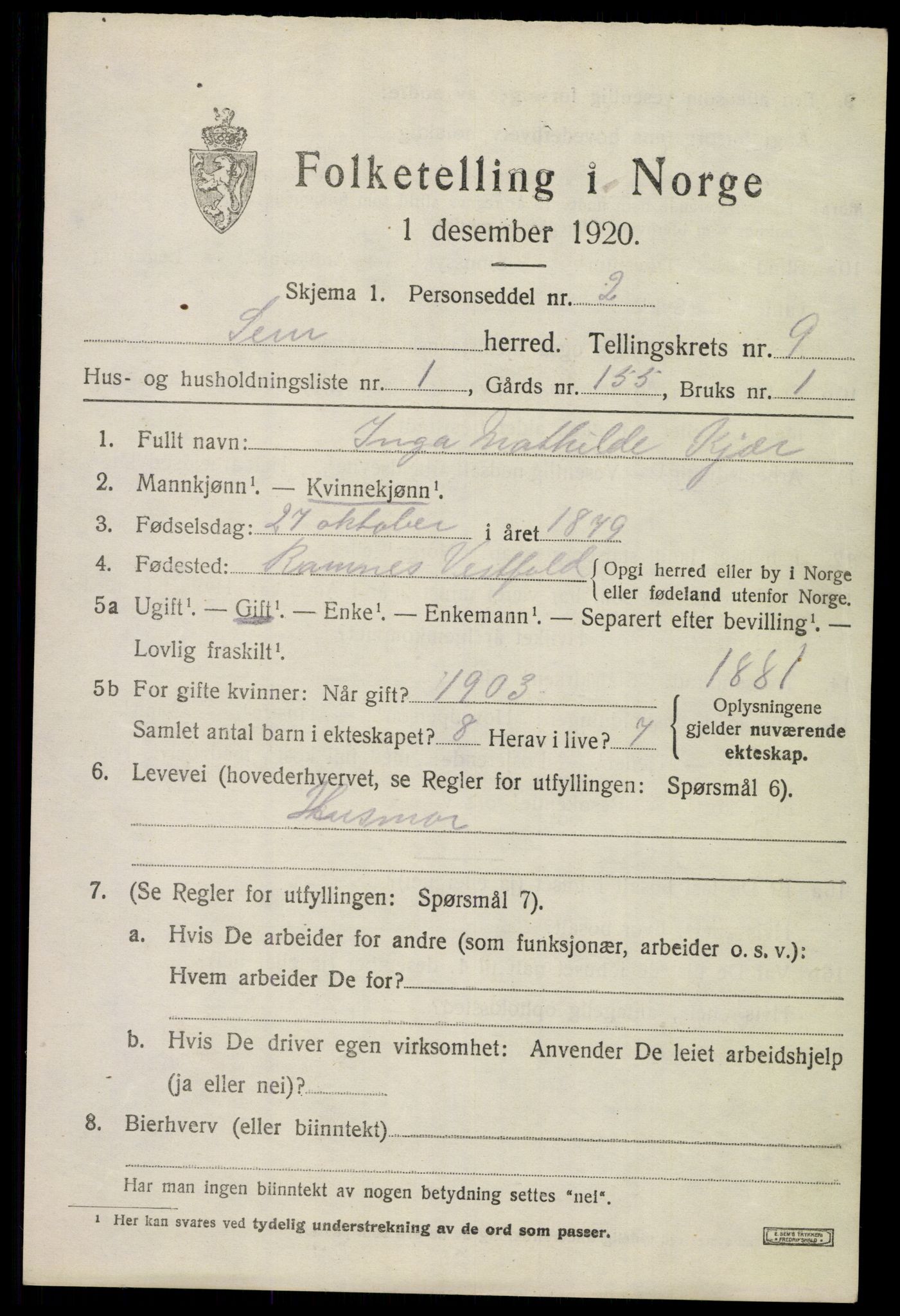 SAKO, 1920 census for Sem, 1920, p. 12563