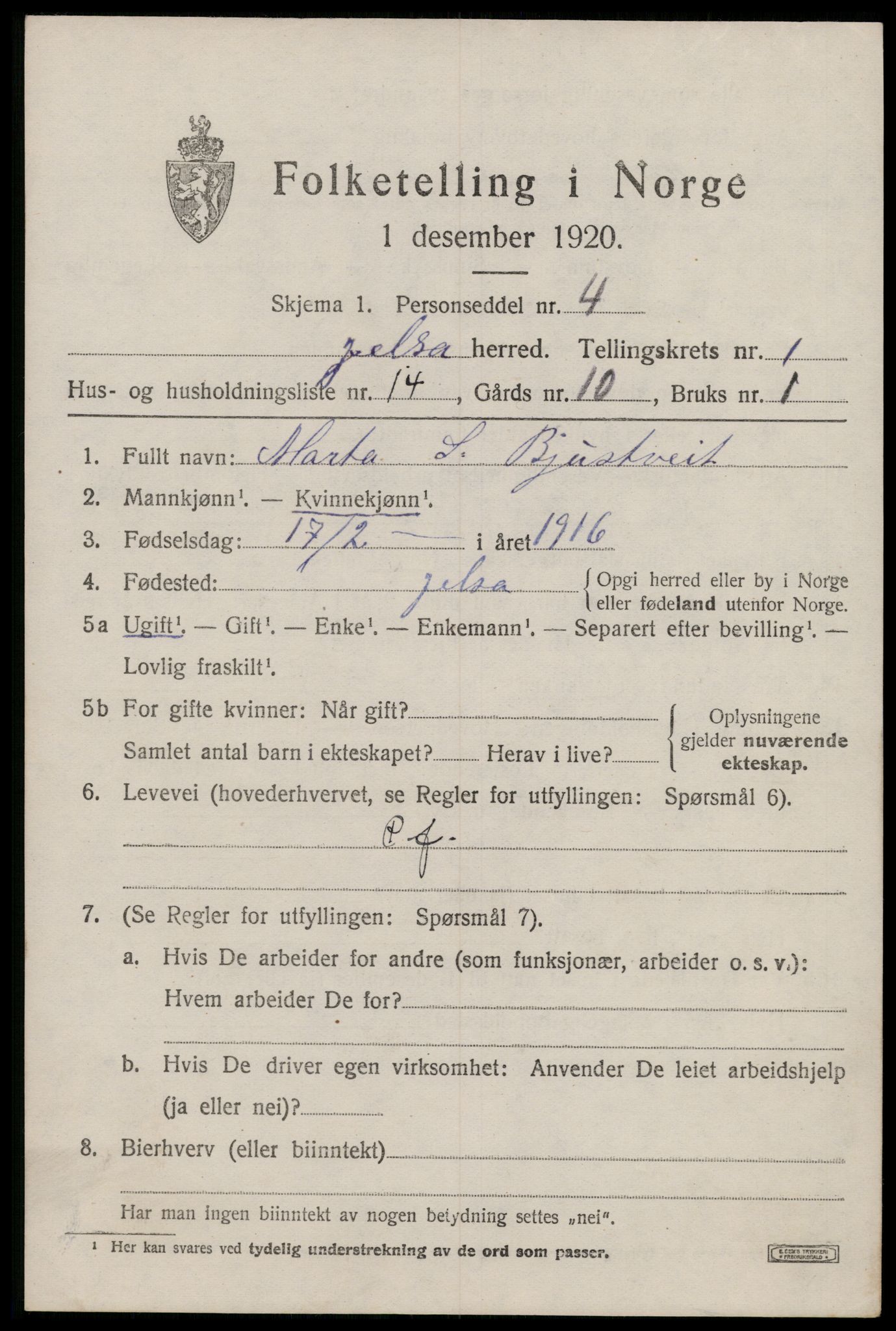 SAST, 1920 census for Jelsa, 1920, p. 814