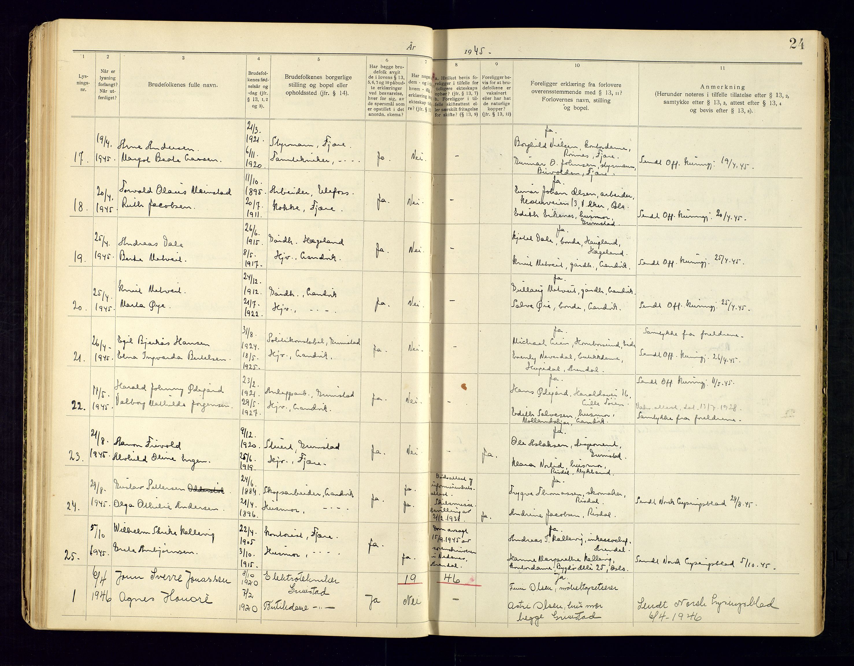 Sand sorenskriveri - 2, AV/SAK-1221-0110/I/Ib/L0532/0001: Lysning og vigsel / Lysningsbok for Grimstad, 1920-1969, p. 24