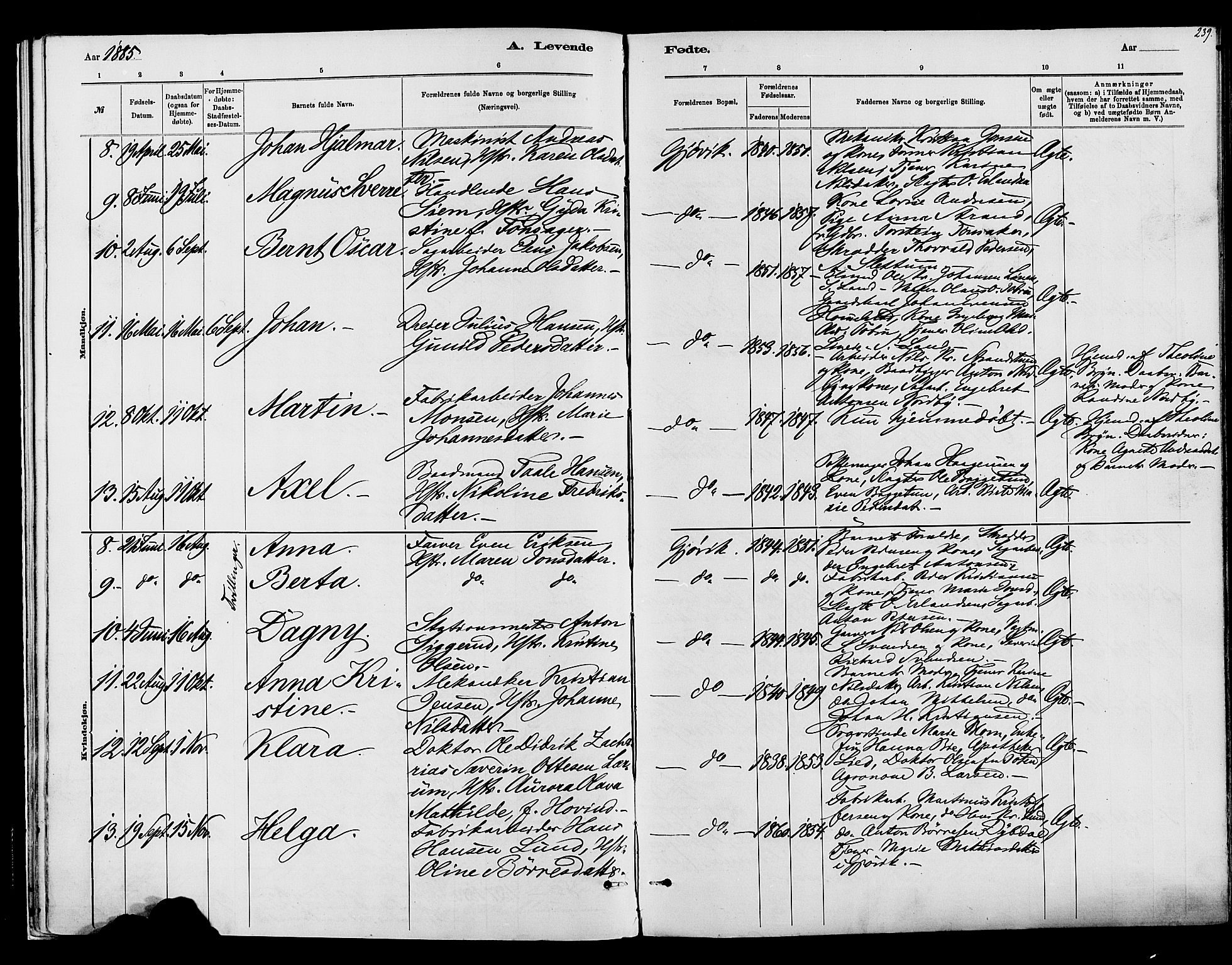 Vardal prestekontor, SAH/PREST-100/H/Ha/Haa/L0008: Parish register (official) no. 8, 1878-1890, p. 239