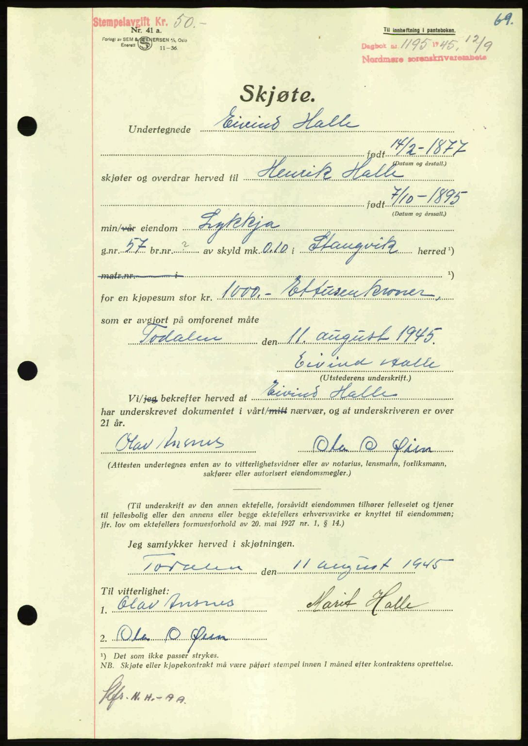 Nordmøre sorenskriveri, AV/SAT-A-4132/1/2/2Ca: Mortgage book no. A100a, 1945-1945, Diary no: : 1195/1945