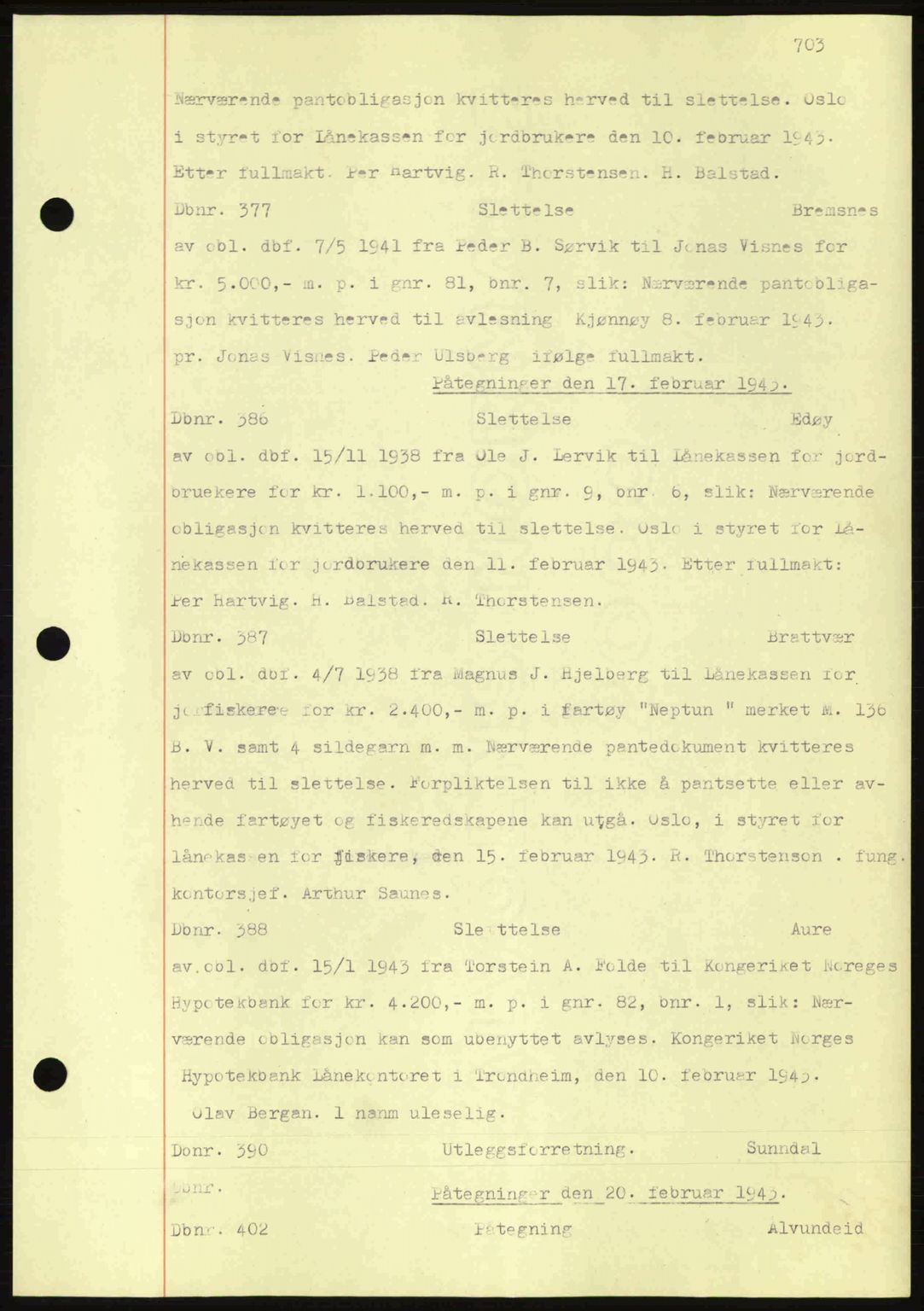 Nordmøre sorenskriveri, AV/SAT-A-4132/1/2/2Ca: Mortgage book no. C81, 1940-1945, Diary no: : 377/1943