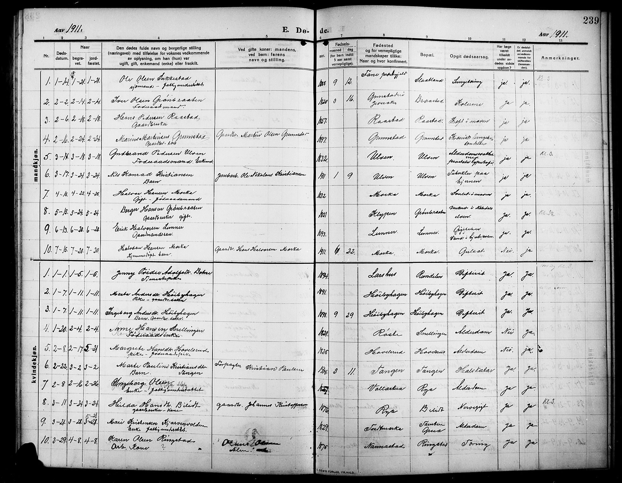 Lunner prestekontor, SAH/PREST-118/H/Ha/Hab/L0001: Parish register (copy) no. 1, 1909-1922, p. 239