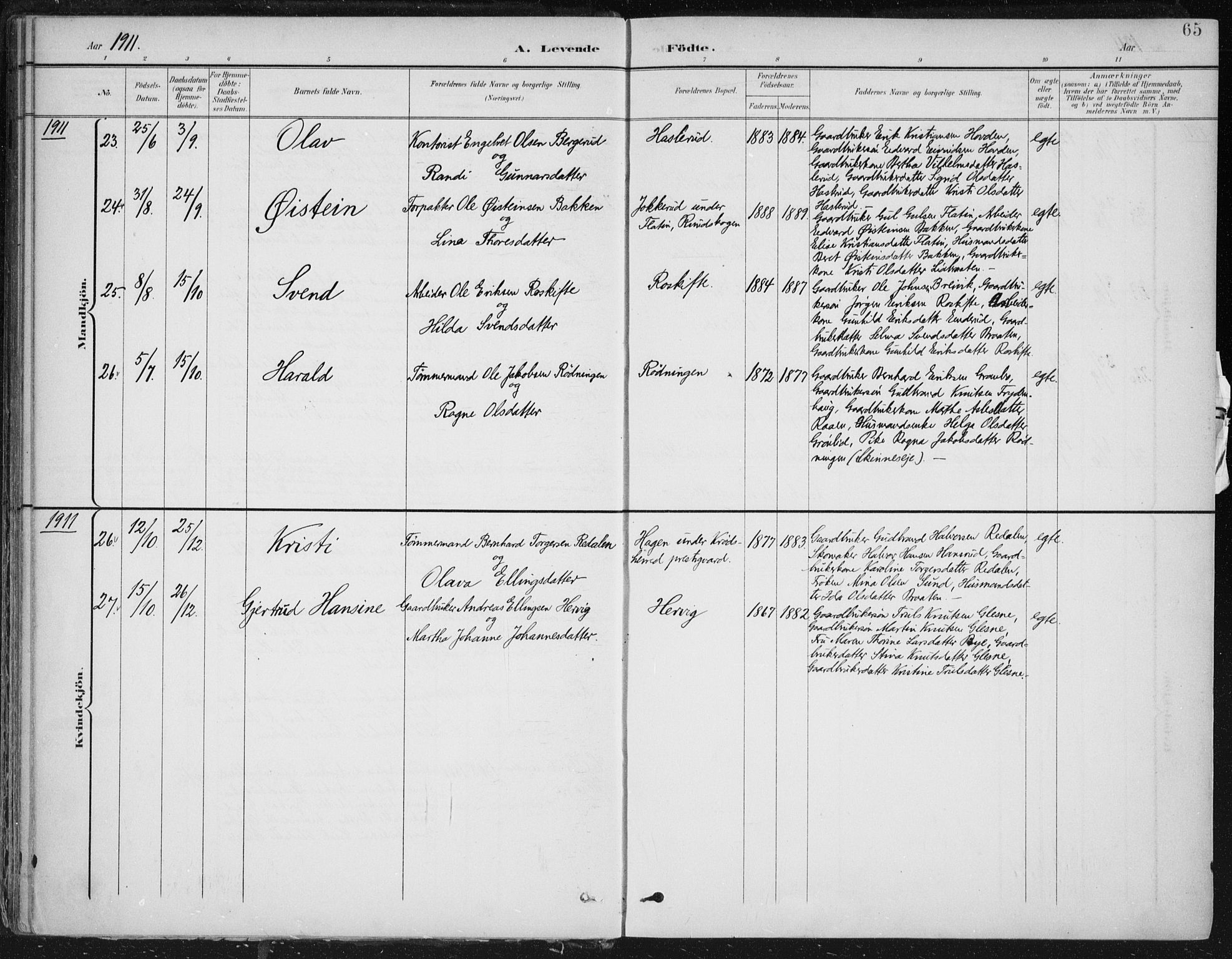 Krødsherad kirkebøker, SAKO/A-19/F/Fa/L0007: Parish register (official) no. 7, 1900-1915, p. 65