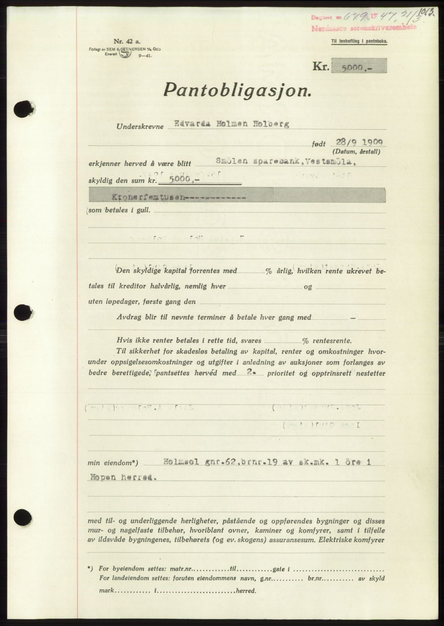 Nordmøre sorenskriveri, AV/SAT-A-4132/1/2/2Ca: Mortgage book no. B95, 1946-1947, Diary no: : 679/1947