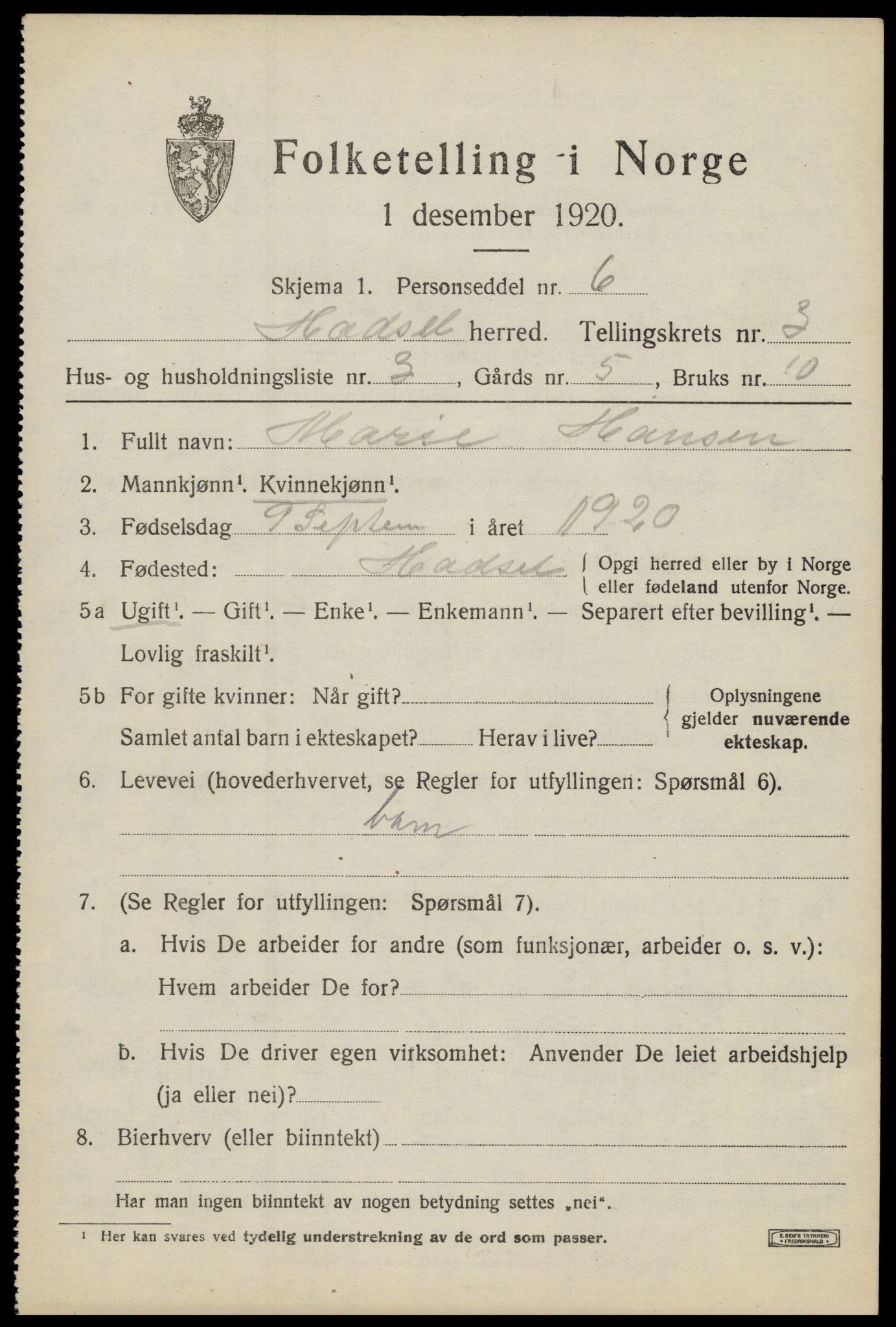 SAT, 1920 census for Hadsel, 1920, p. 5090