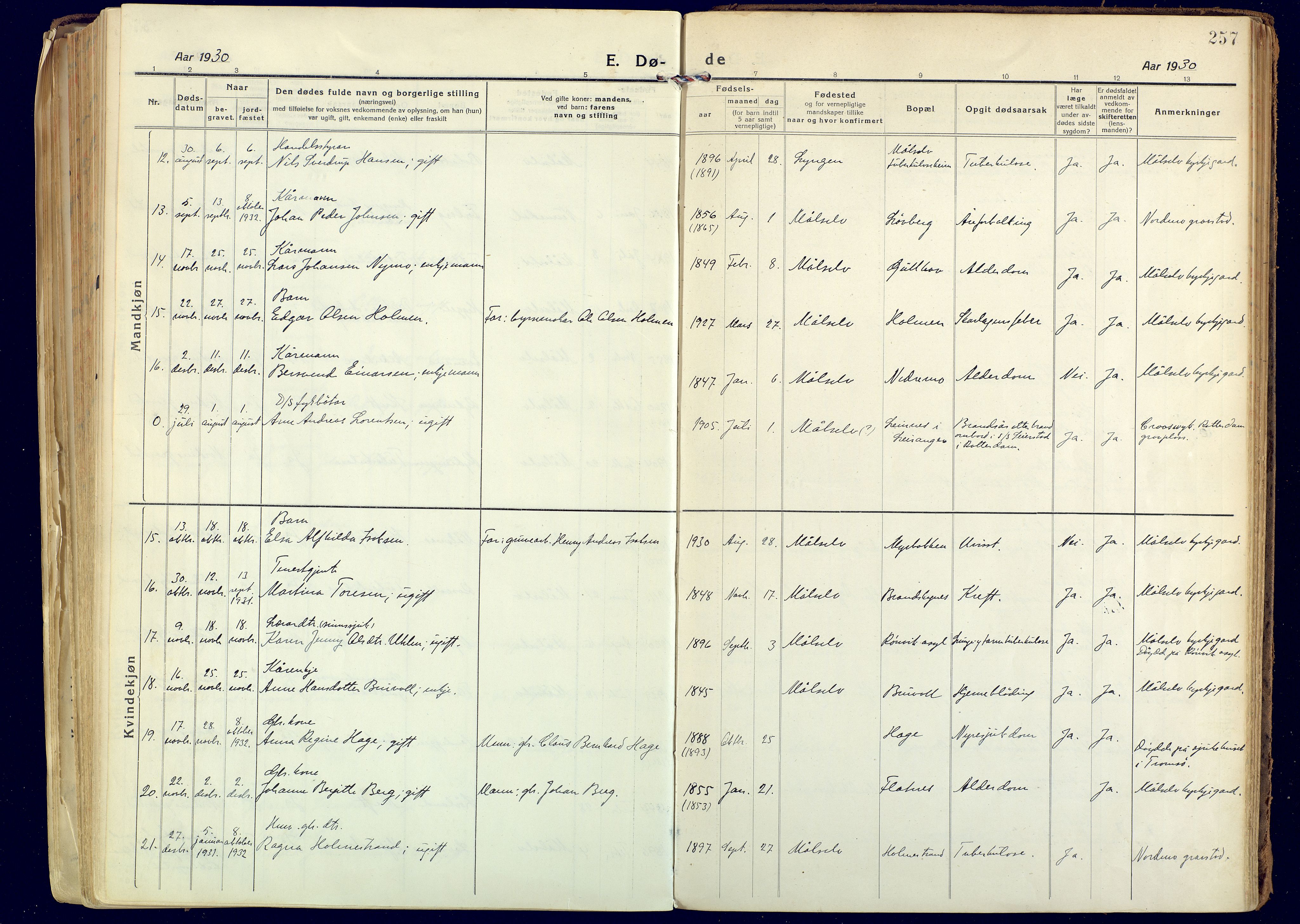 Målselv sokneprestembete, AV/SATØ-S-1311/G/Ga/Gaa/L0014kirke: Parish register (official) no. 14, 1919-1932, p. 257