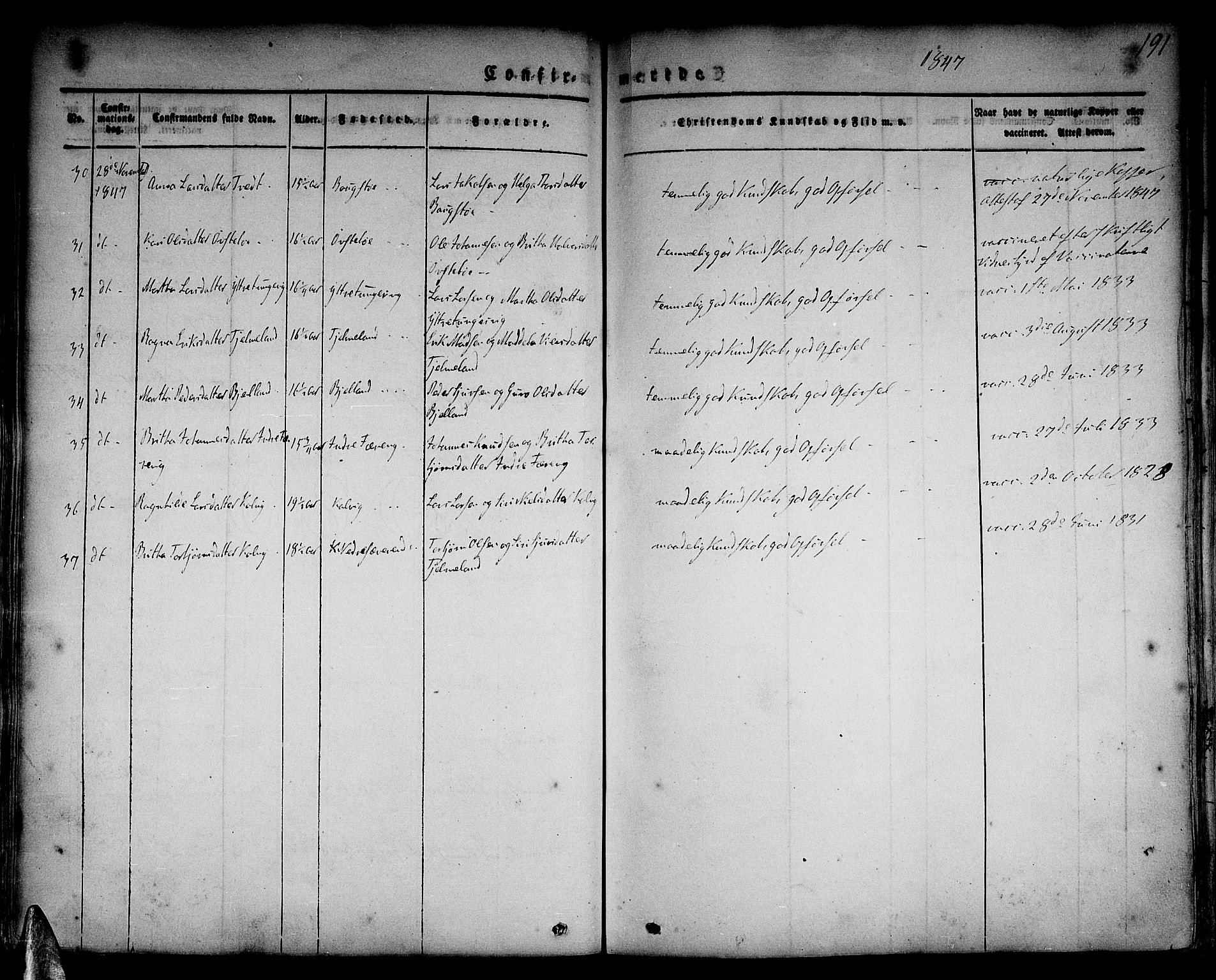 Skånevik sokneprestembete, AV/SAB-A-77801/H/Haa: Parish register (official) no. A 4, 1828-1848, p. 191