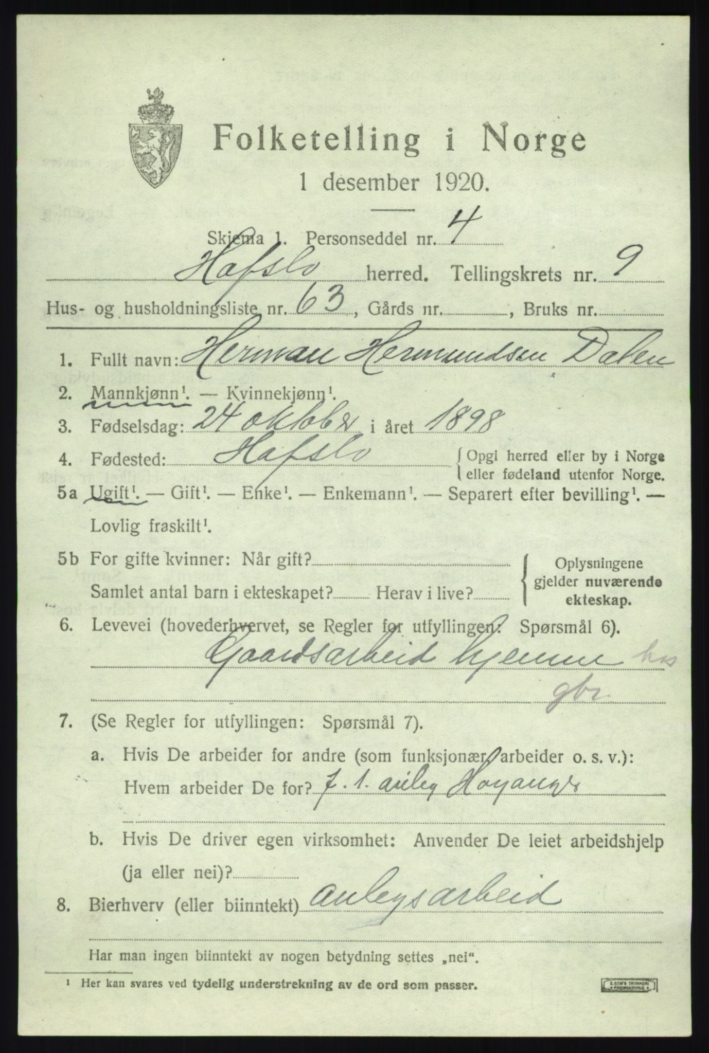 SAB, 1920 census for Hafslo, 1920, p. 6920