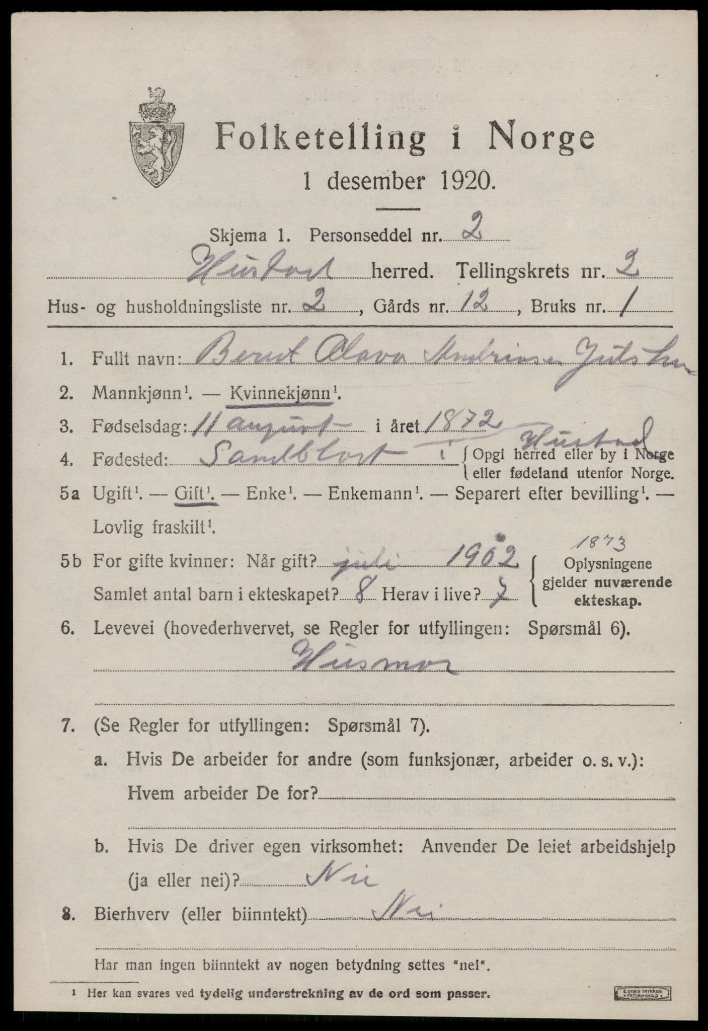 SAT, 1920 census for Hustad, 1920, p. 1539