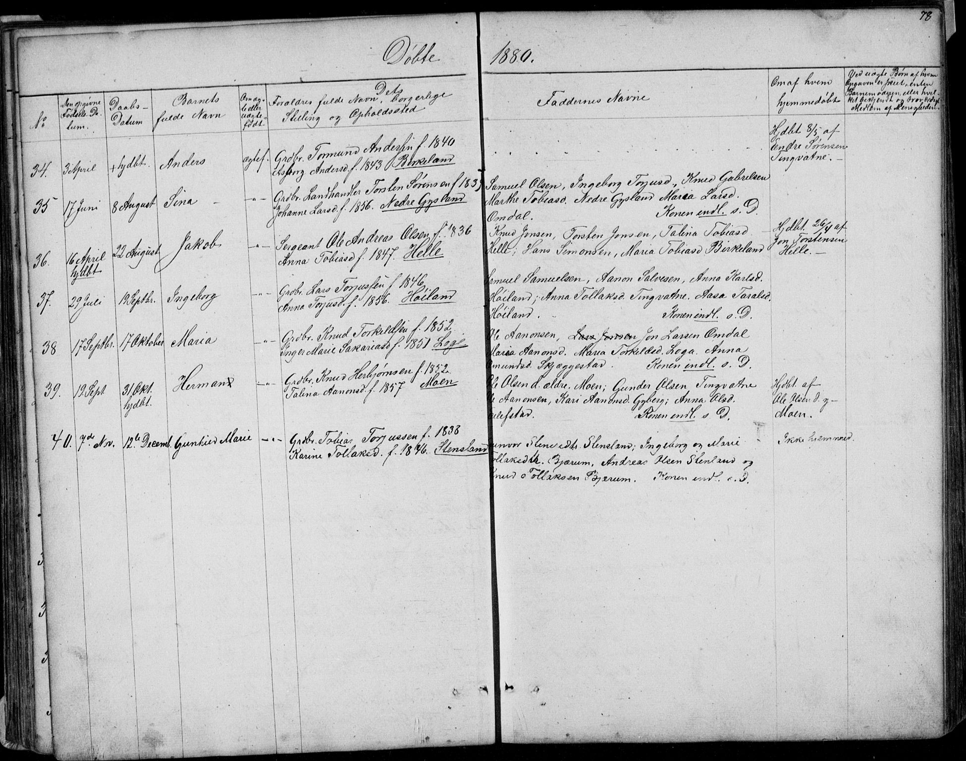 Hægebostad sokneprestkontor, AV/SAK-1111-0024/F/Fb/Fba/L0002: Parish register (copy) no. B 2, 1851-1882, p. 78