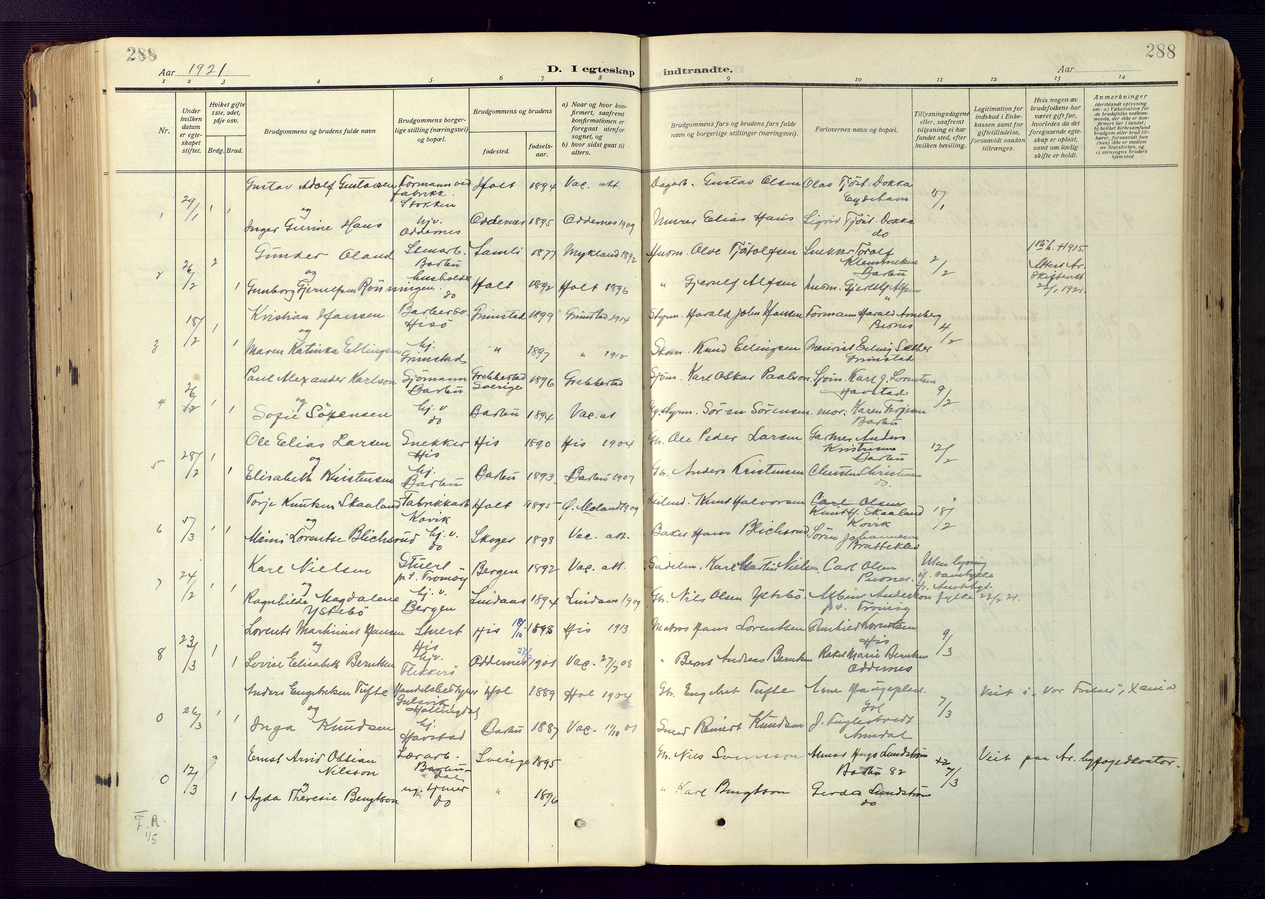 Barbu sokneprestkontor, SAK/1111-0003/F/Fa/L0006: Parish register (official) no. A 6, 1910-1929, p. 288