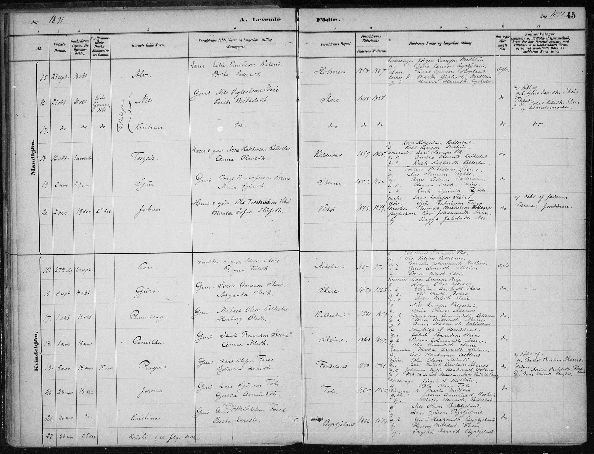 Kvam sokneprestembete, SAB/A-76201/H/Haa: Parish register (official) no. B  1, 1880-1908, p. 45