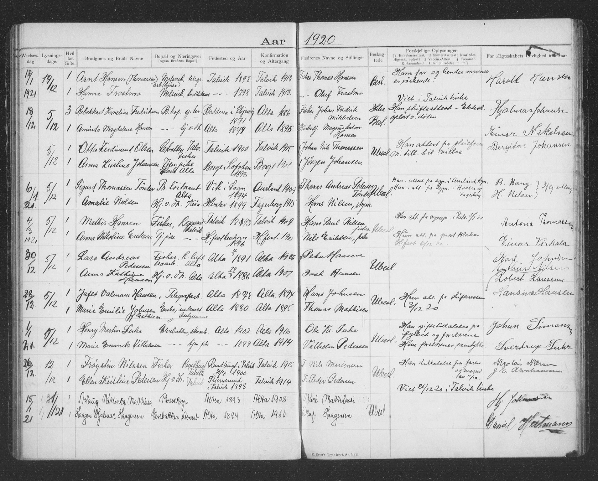 Alta sokneprestkontor, AV/SATØ-S-1338/I/Ib/L0045: Banns register no. 45, 1903-1921