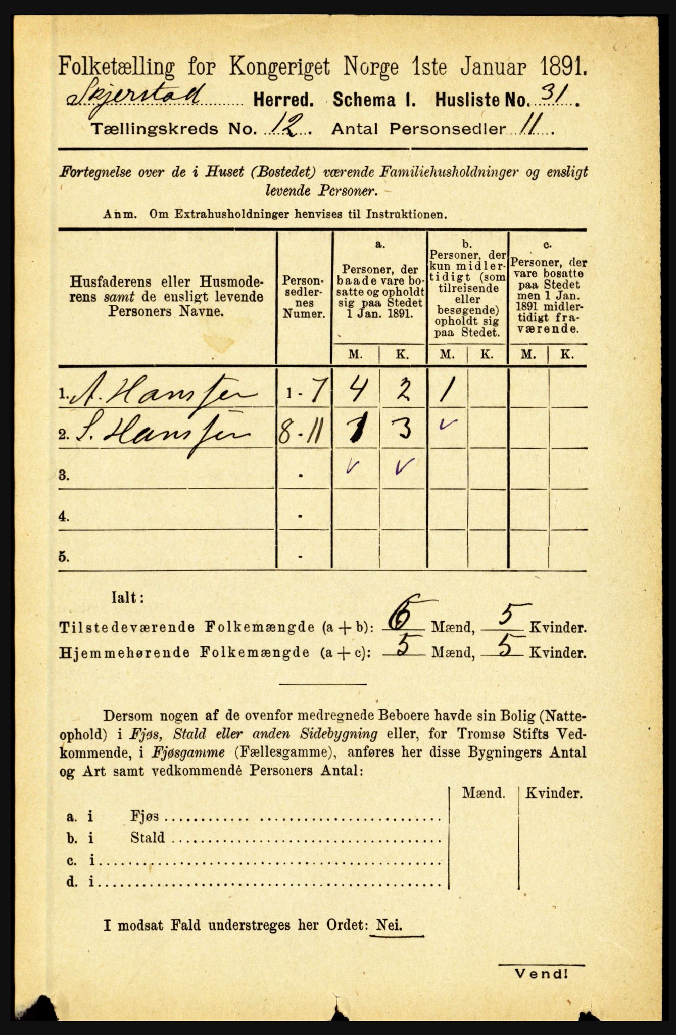 RA, 1891 census for 1842 Skjerstad, 1891, p. 3999