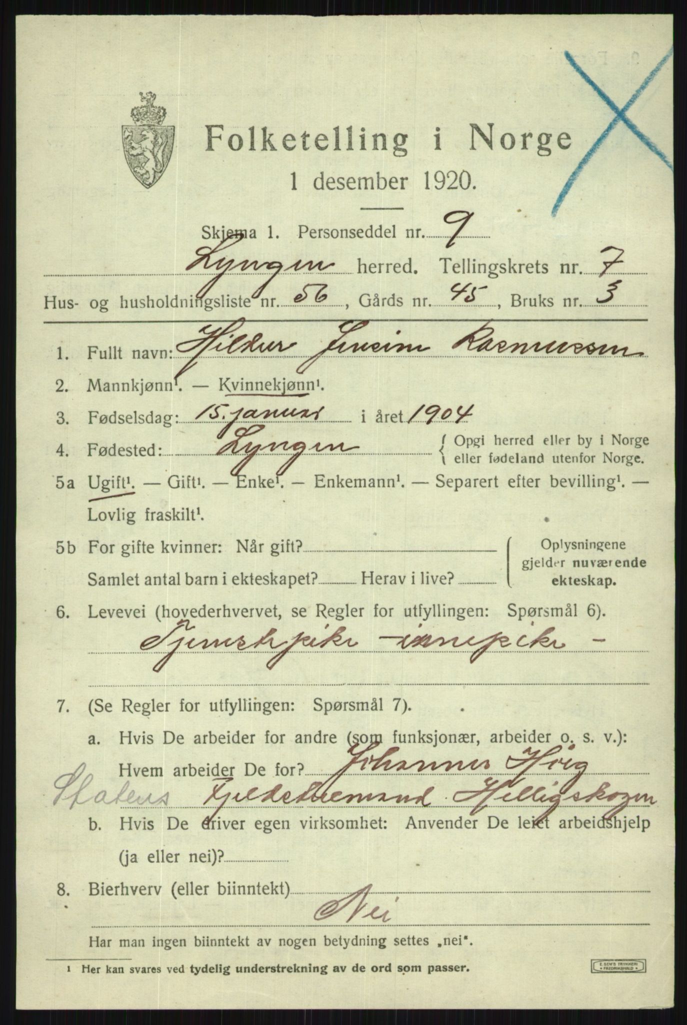 SATØ, 1920 census for Lyngen, 1920, p. 7338