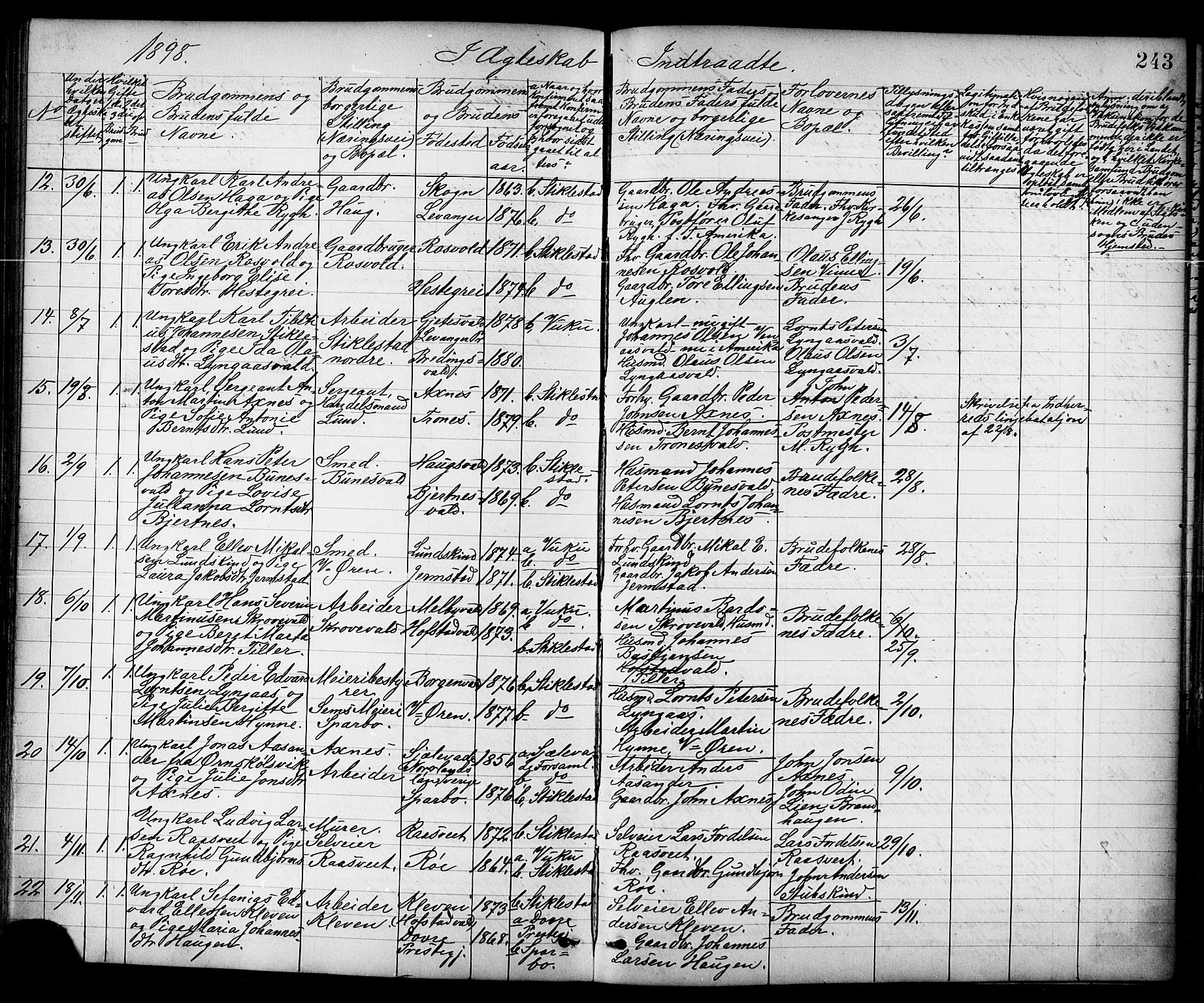 Ministerialprotokoller, klokkerbøker og fødselsregistre - Nord-Trøndelag, SAT/A-1458/723/L0257: Parish register (copy) no. 723C05, 1890-1907, p. 243